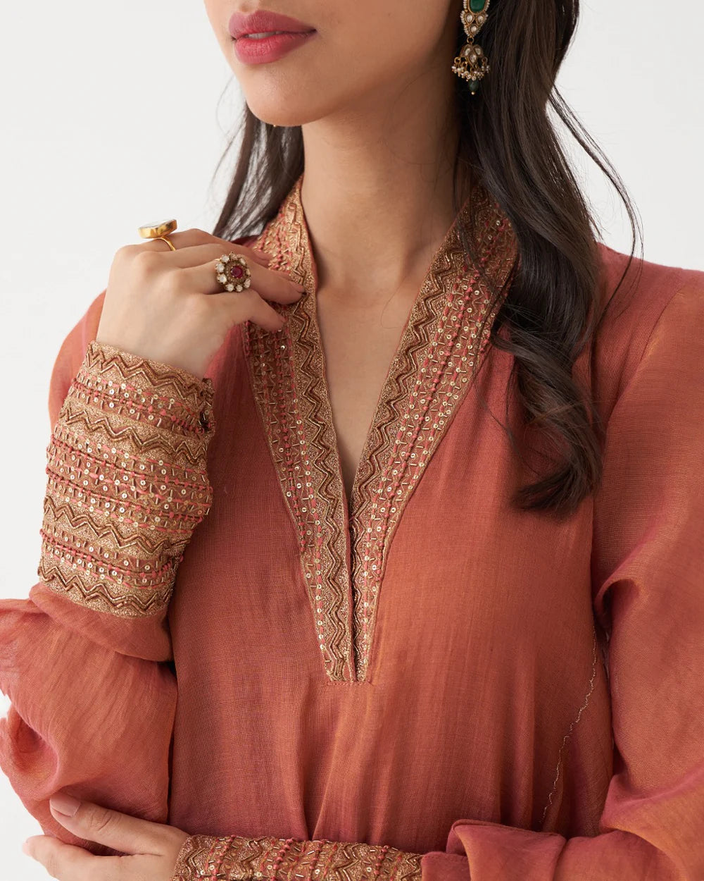 Azaira - Rust Orange Handwoven Tissue Chanderi Anarkali