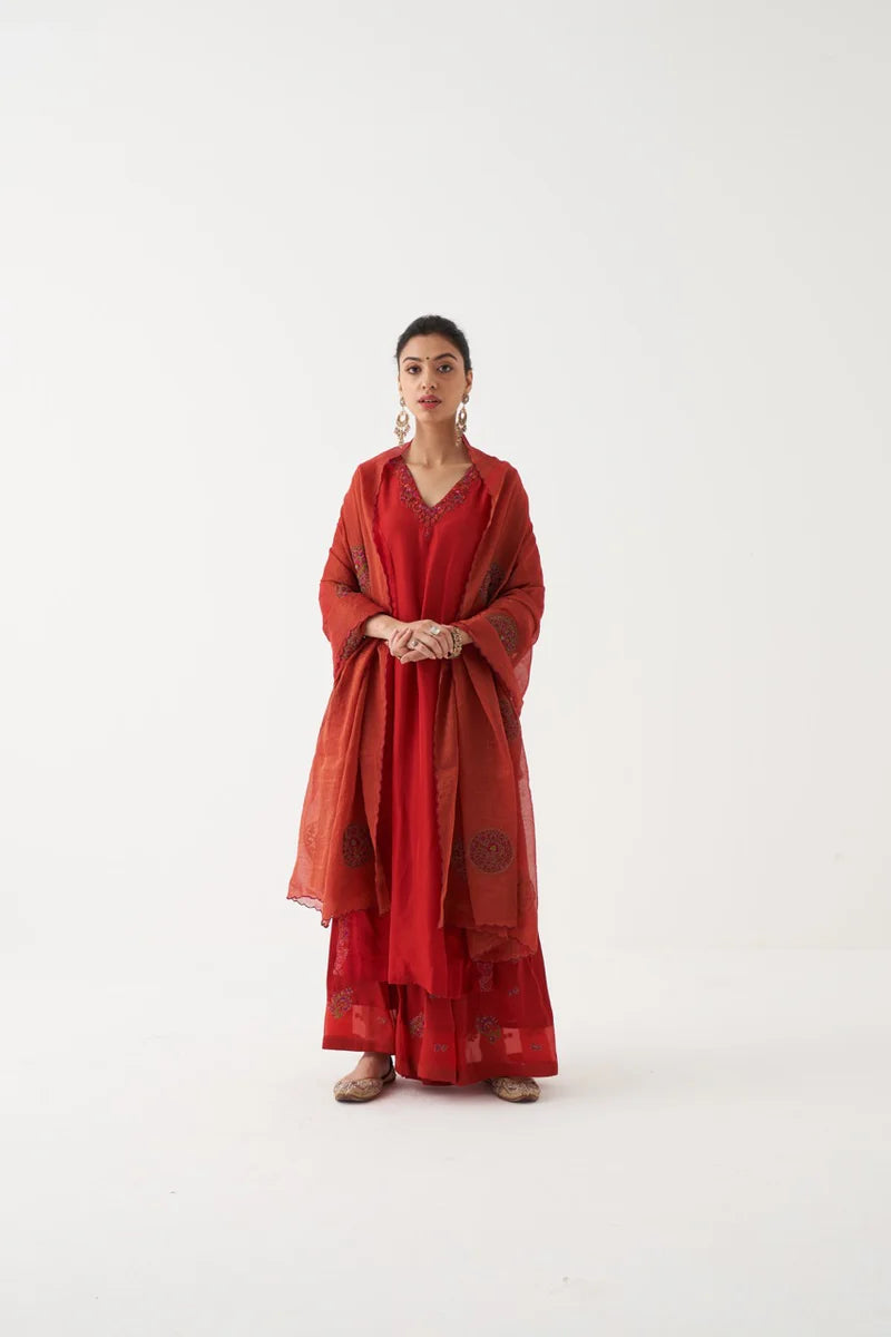 Shirin - Red Habutai Silk Kurta And Tonal Organza-modal Silk Sharara