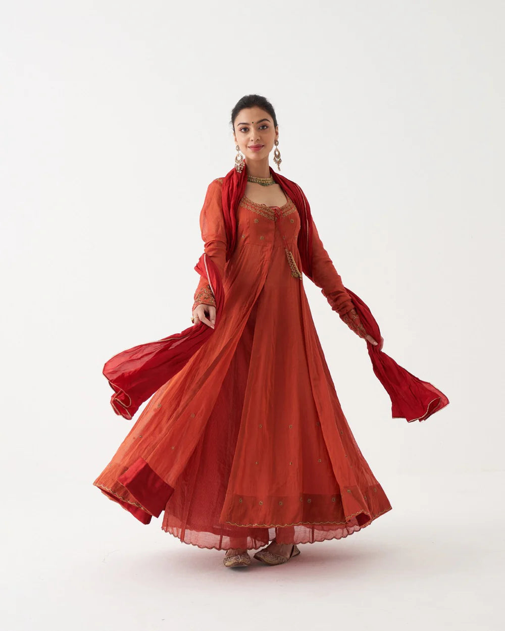 Sahira - Scarlet Red Handwoven Tissue Chanderi Anarkali