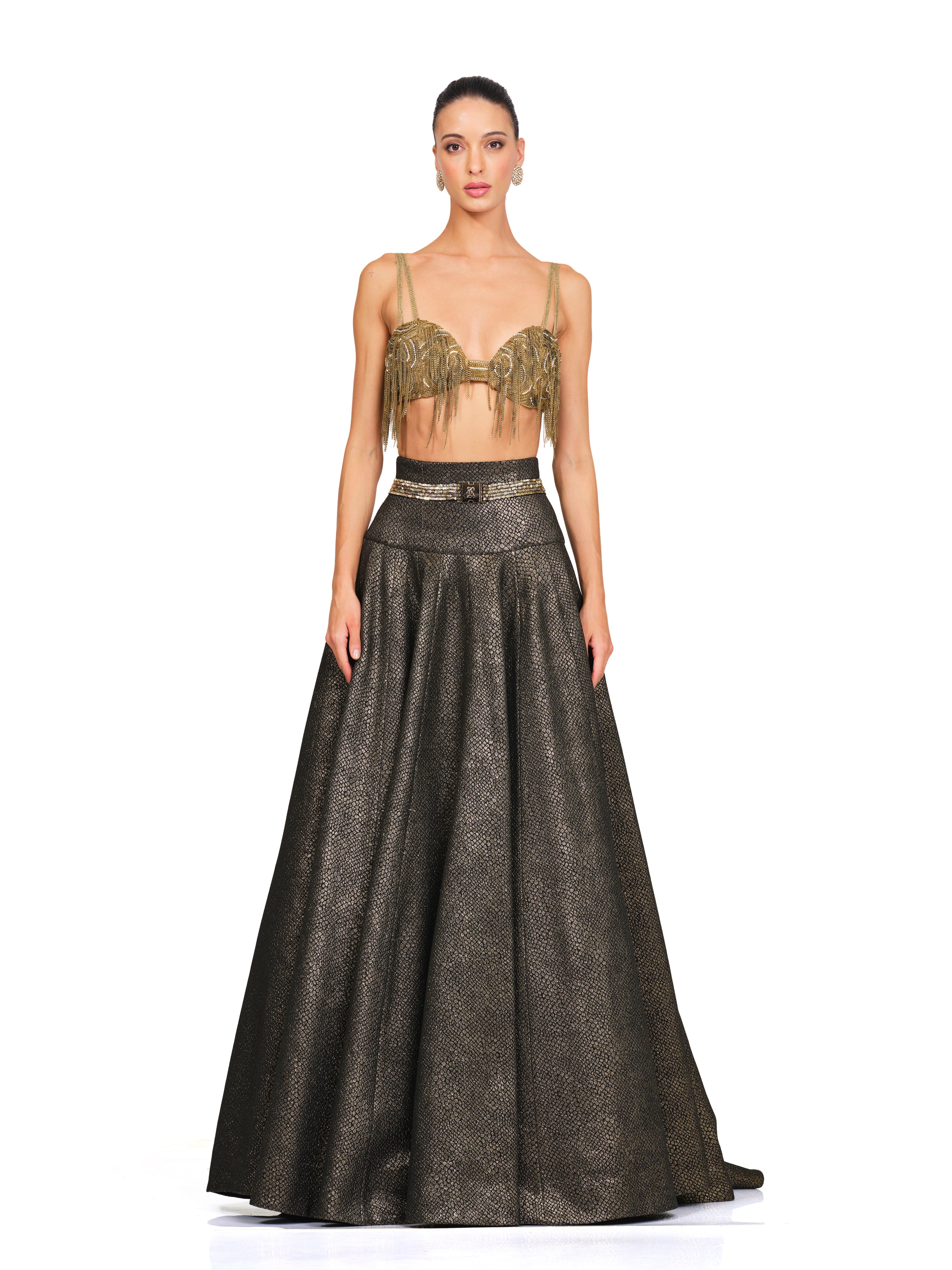 Embroidered Bustier With High Waisted Skirt