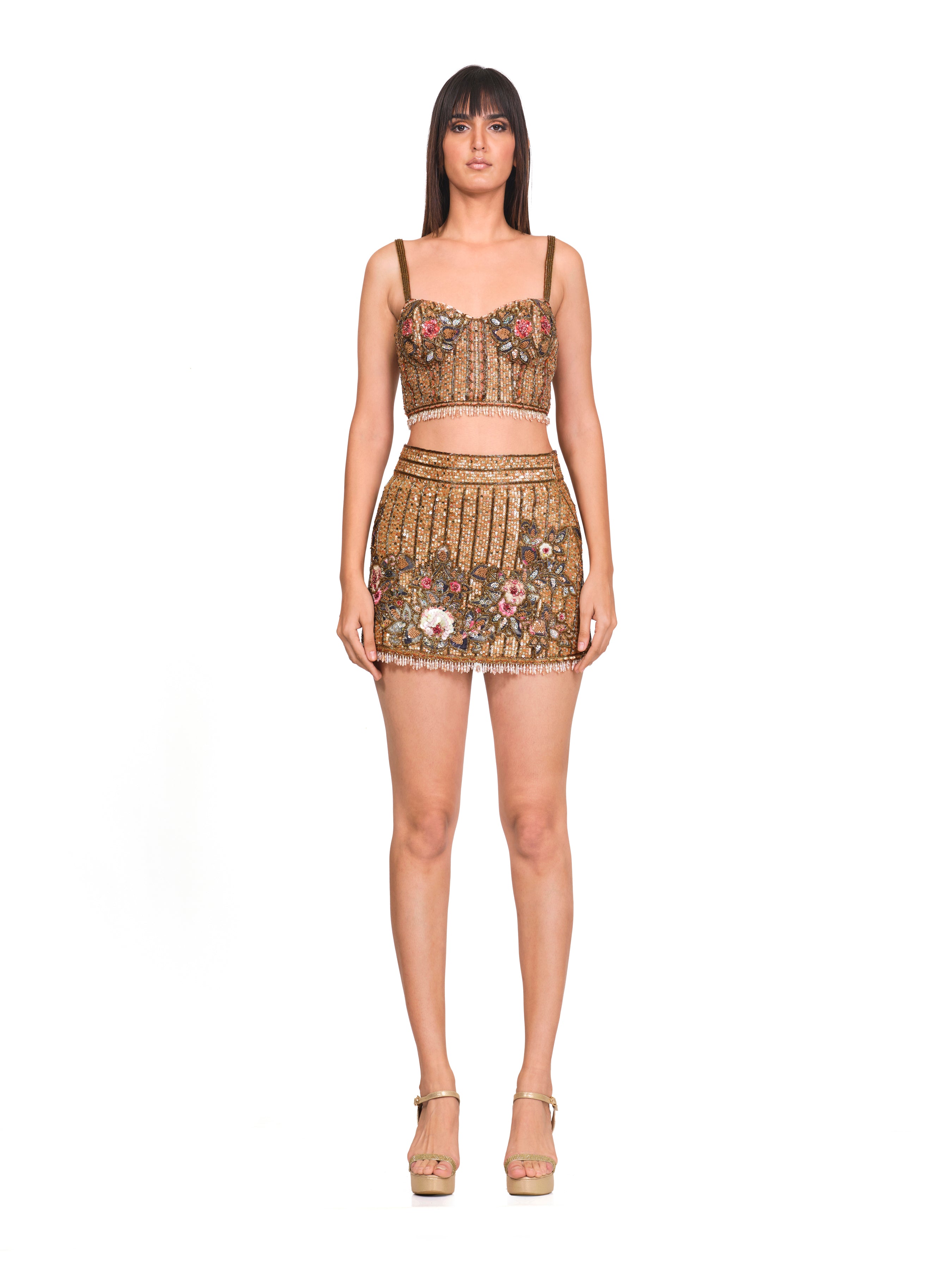 Floral hand embroidered bustier and skirt