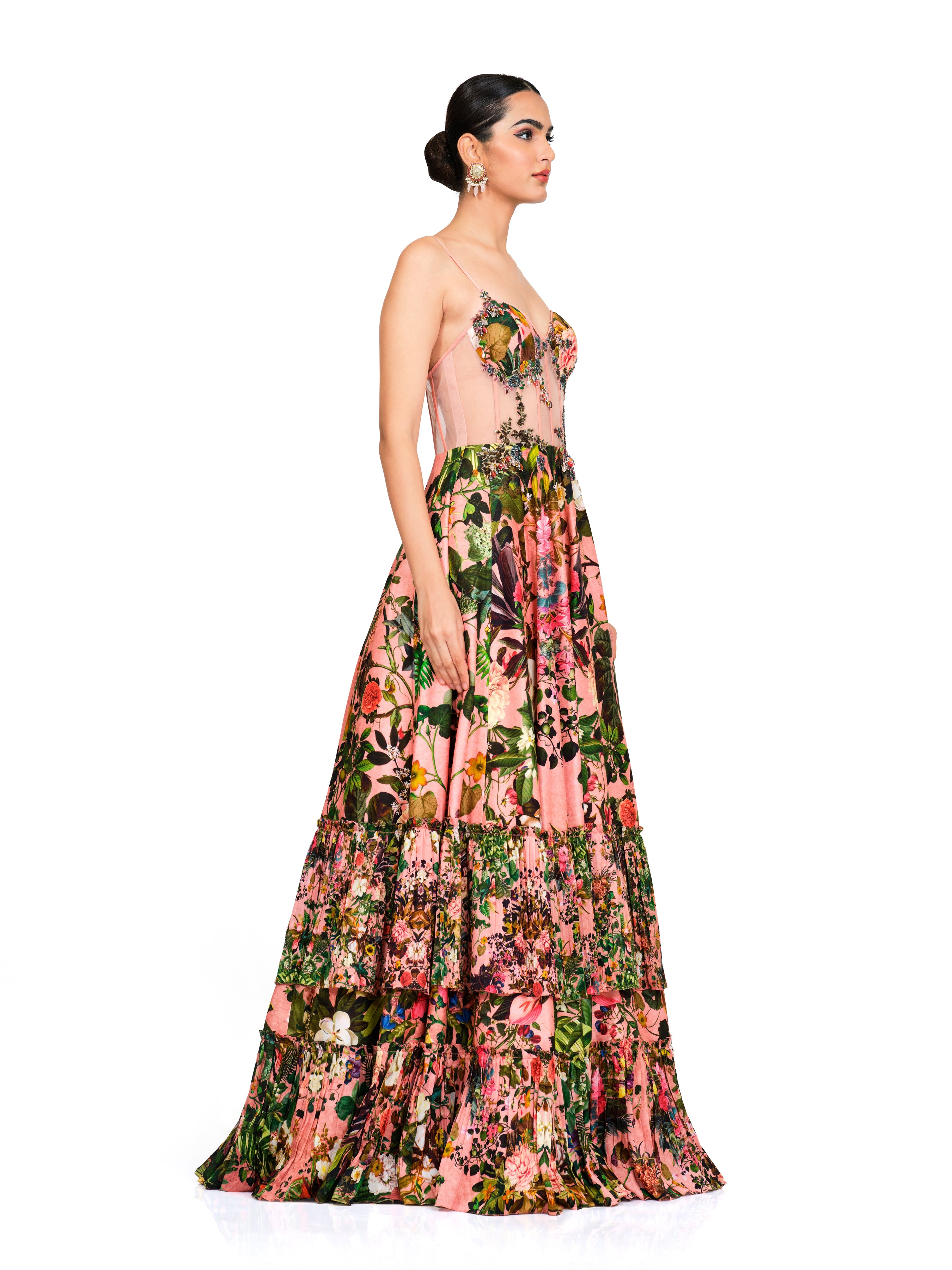 Printed Corset Gown With Appliqué Work