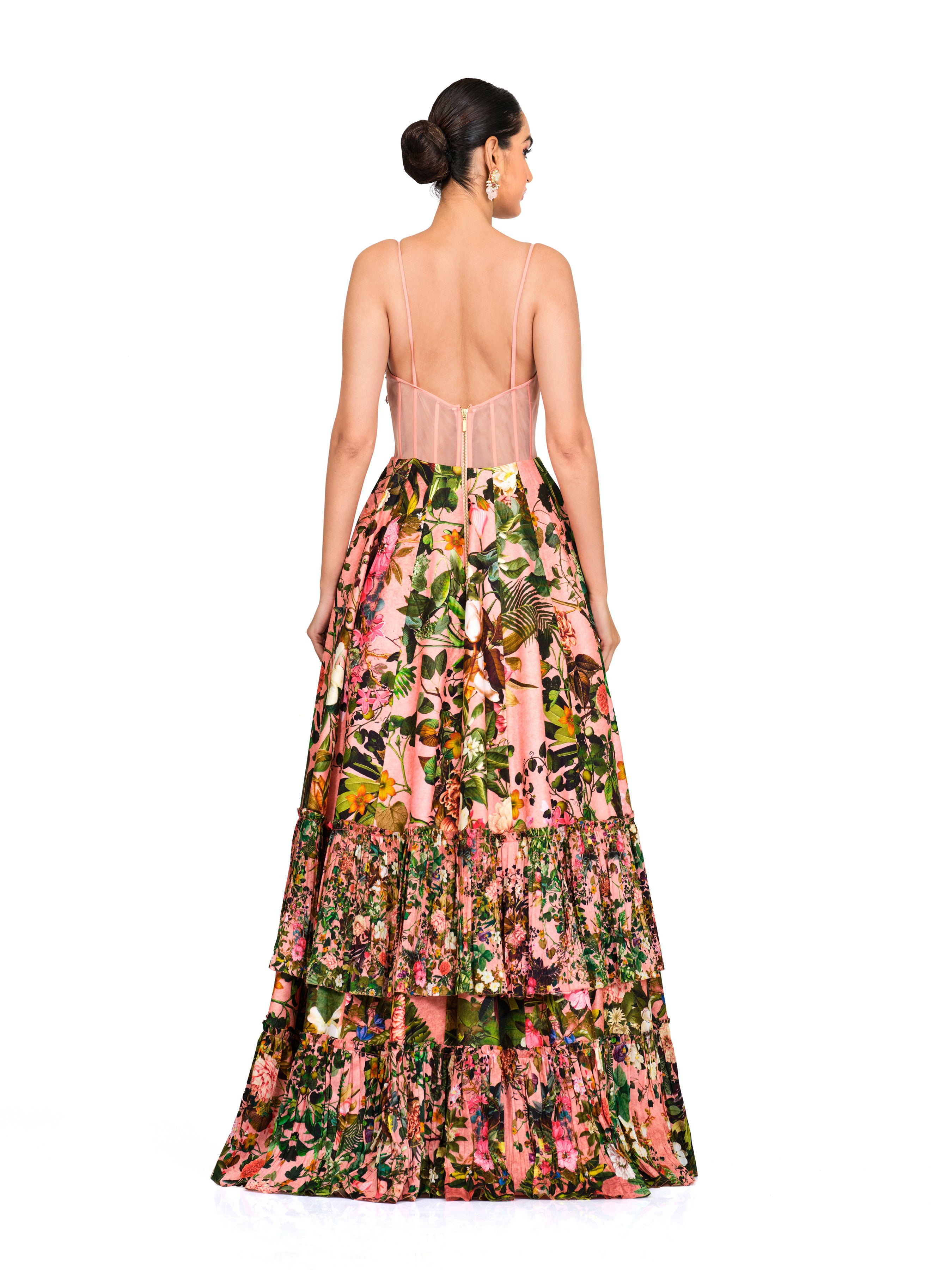 Printed Corset Gown With Appliqué Work