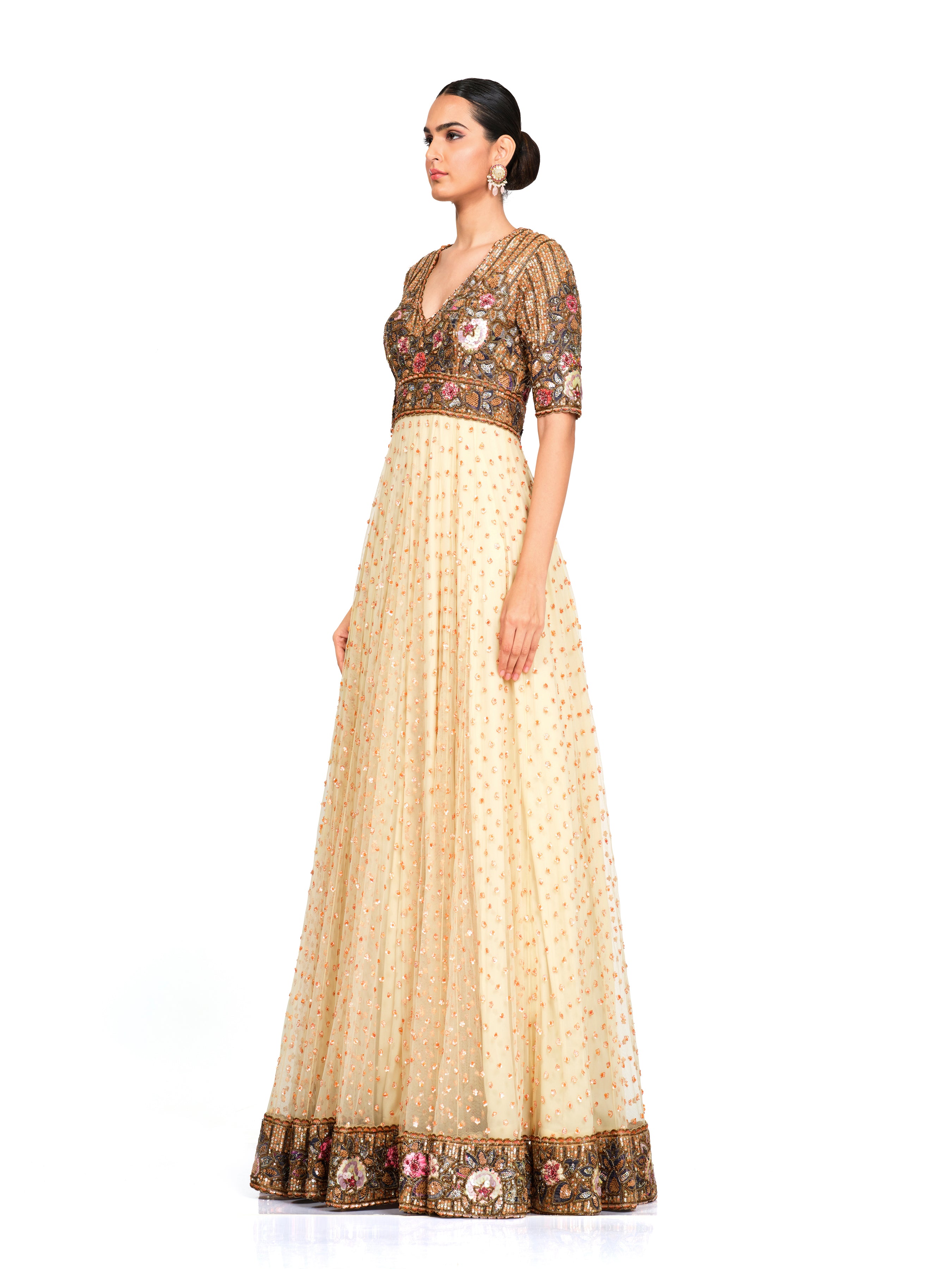 Embroidered Long Gown With Flare Bottom