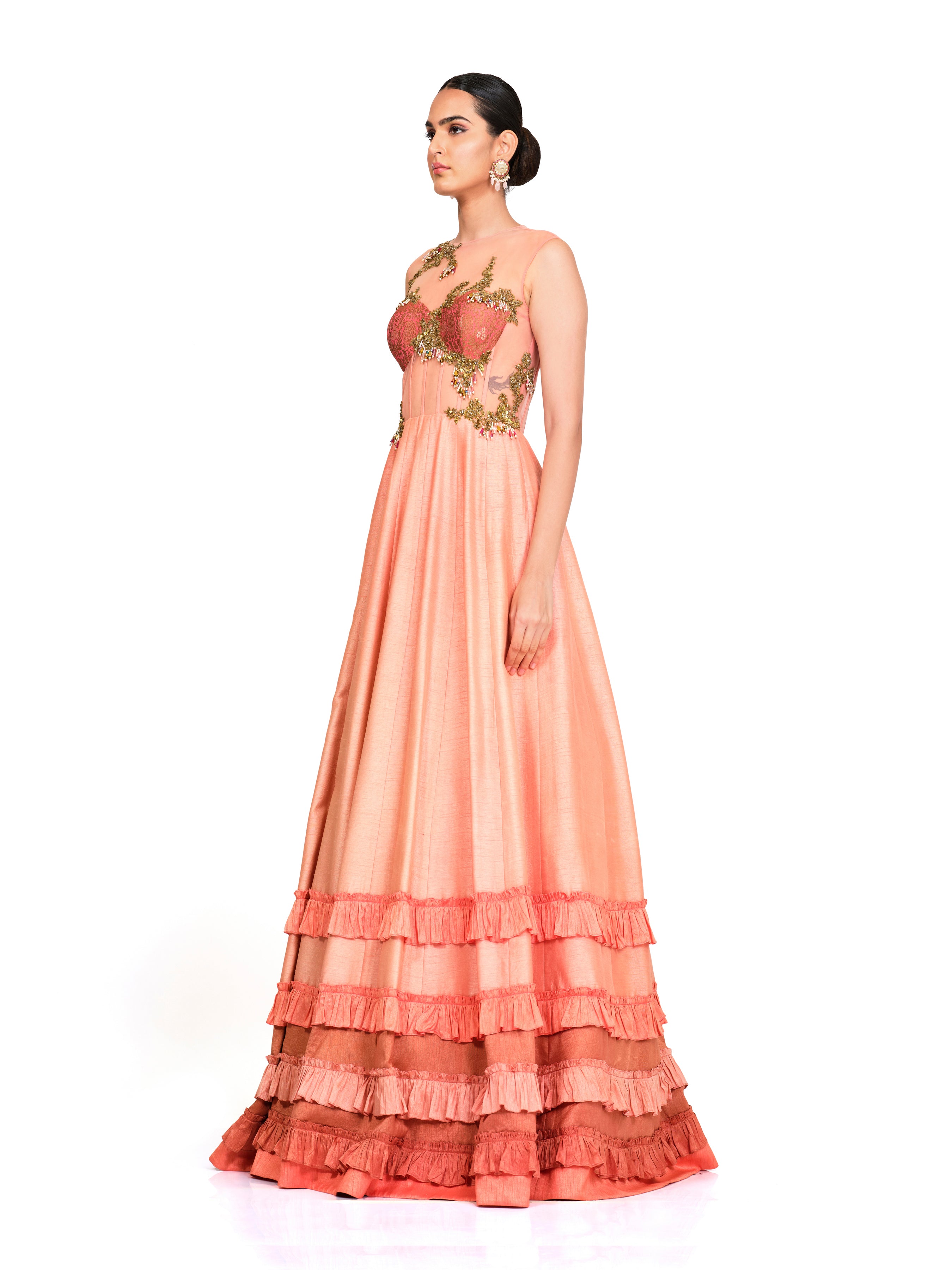 Silk Gown With Sequin Embroidered Bodice
