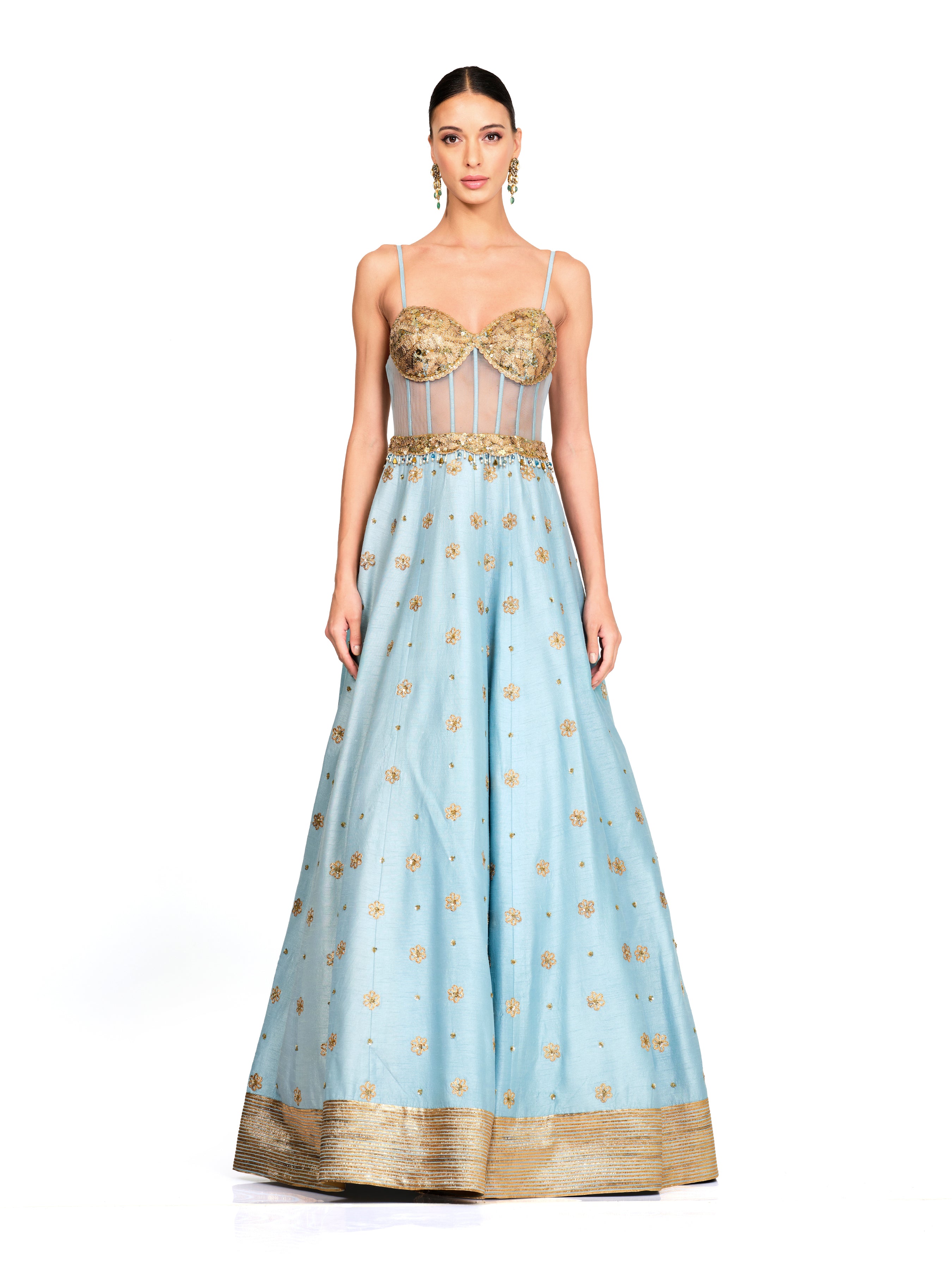 Silk Gown With Scattered Embroidered Bodice