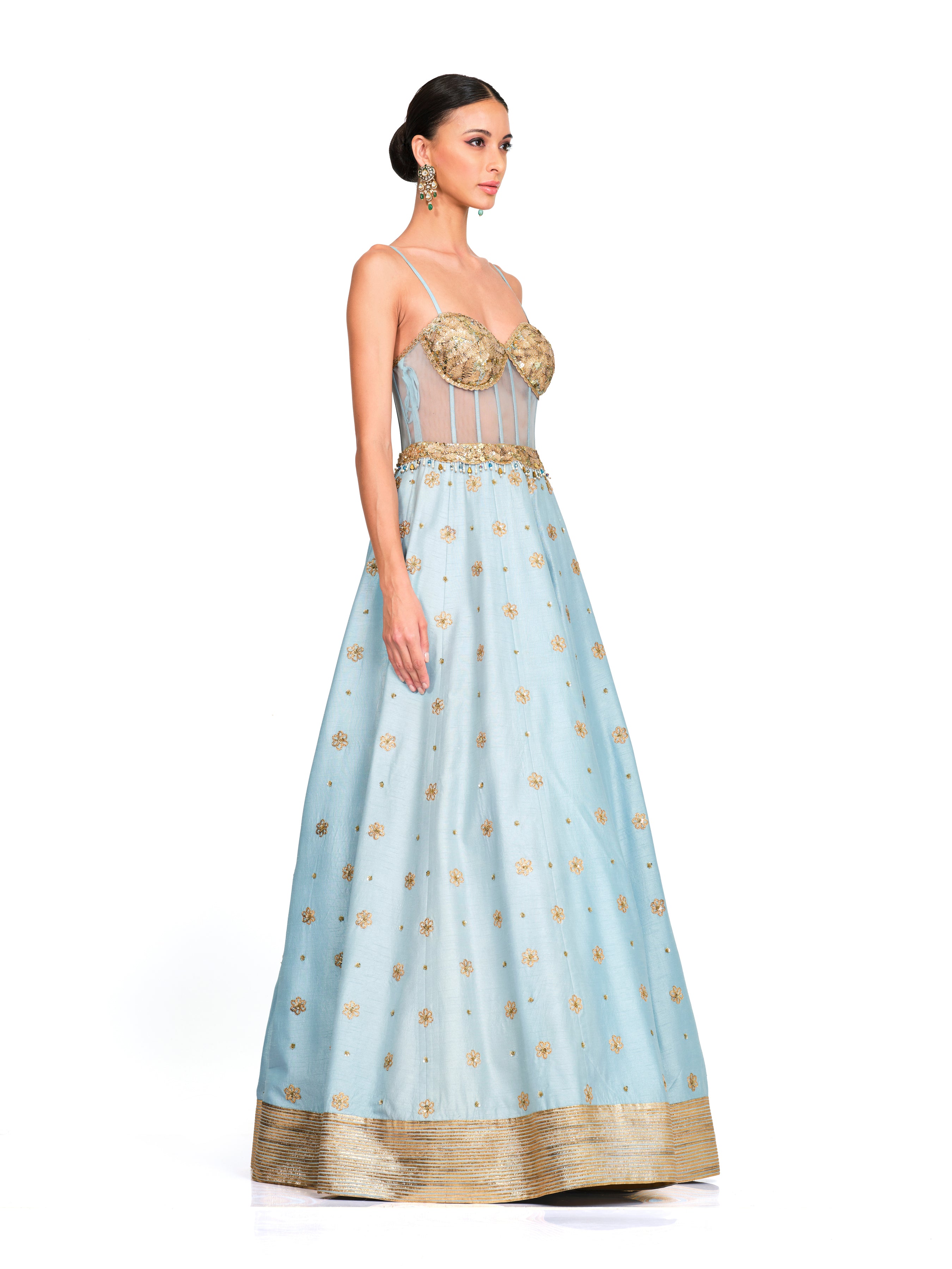 Silk Gown With Scattered Embroidered Bodice