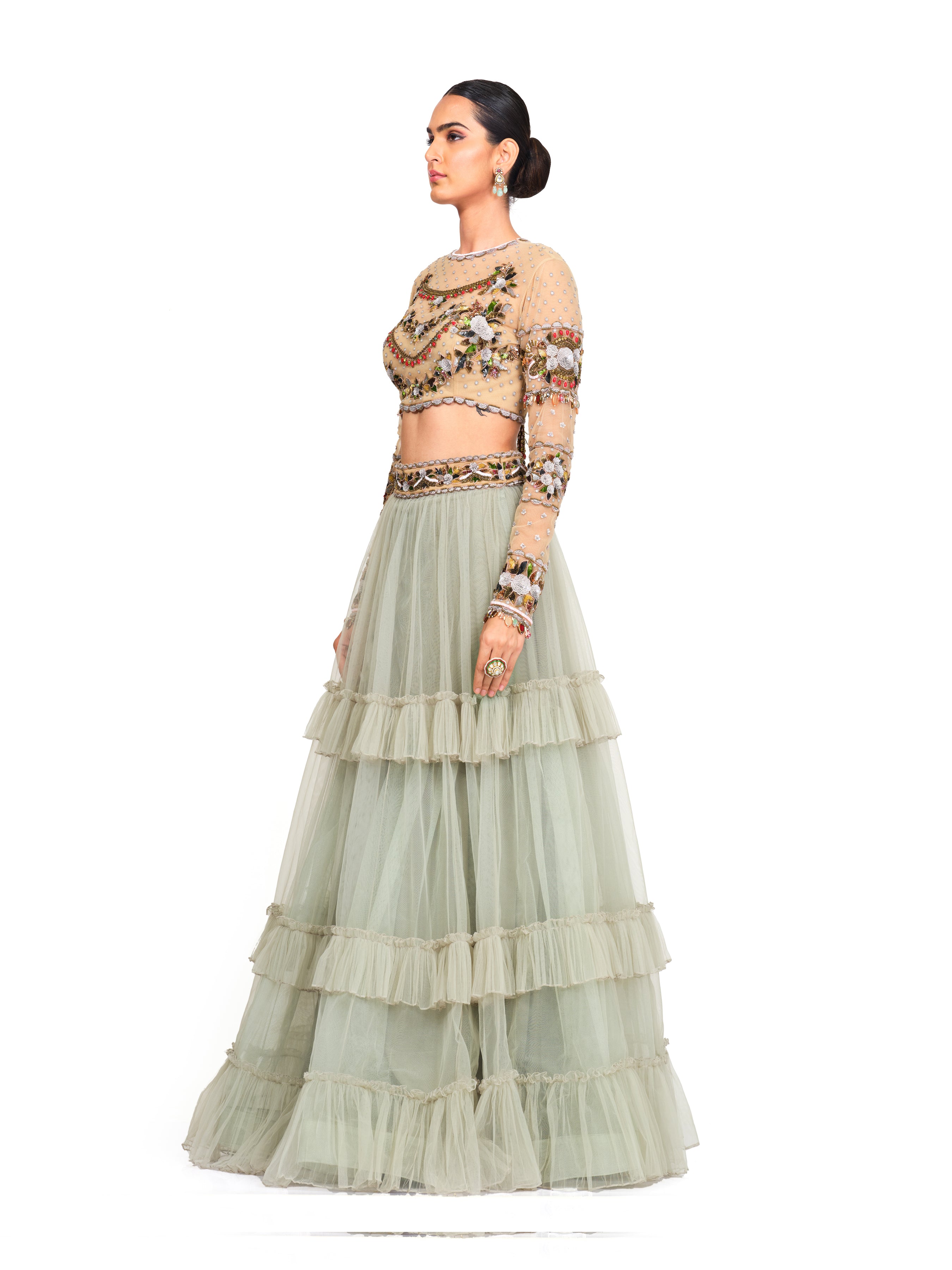 Hand Embroidered Blouse With Tulle Skirt