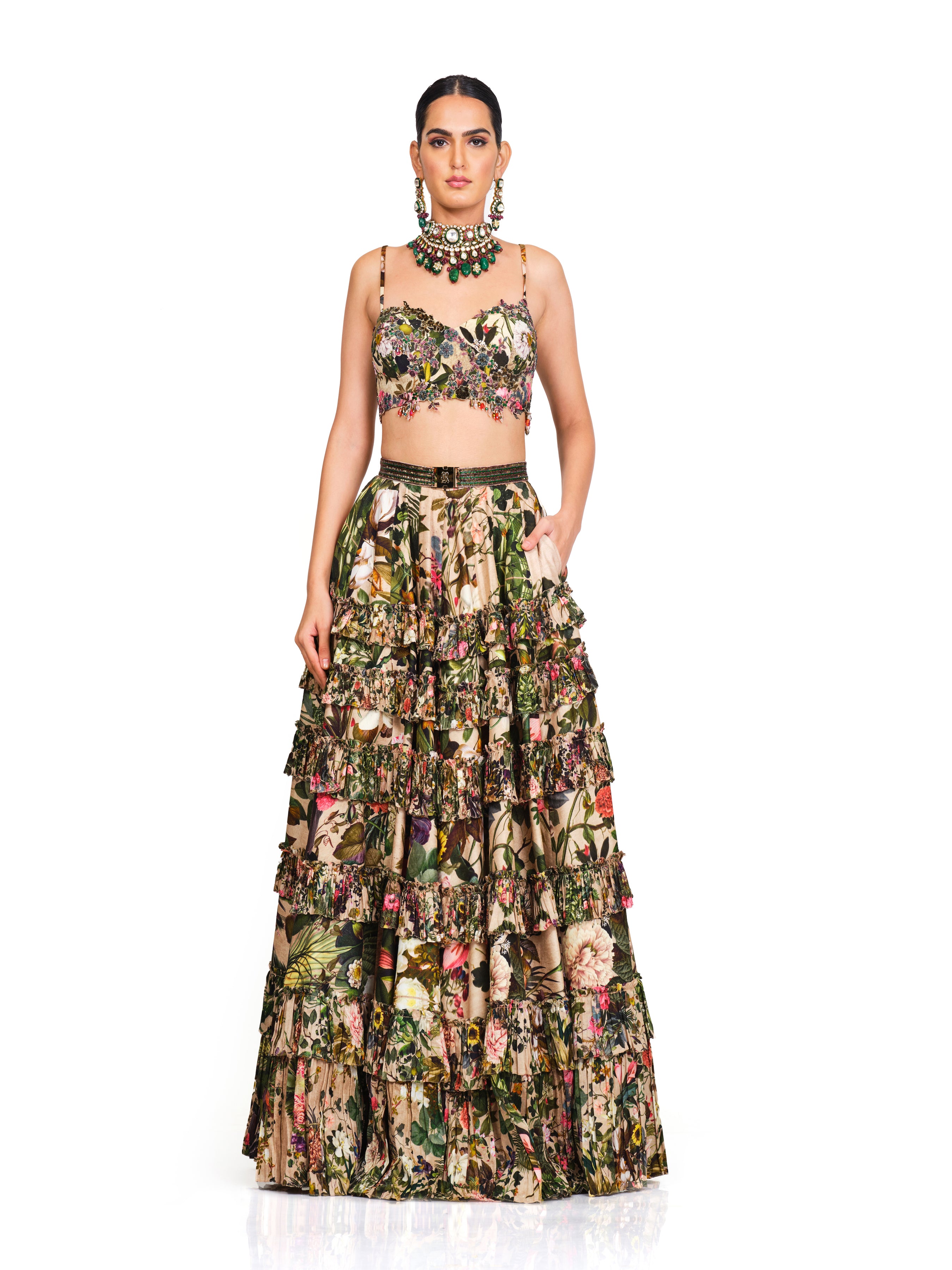 Printed Embroidered Bustier With Printed Lehenga