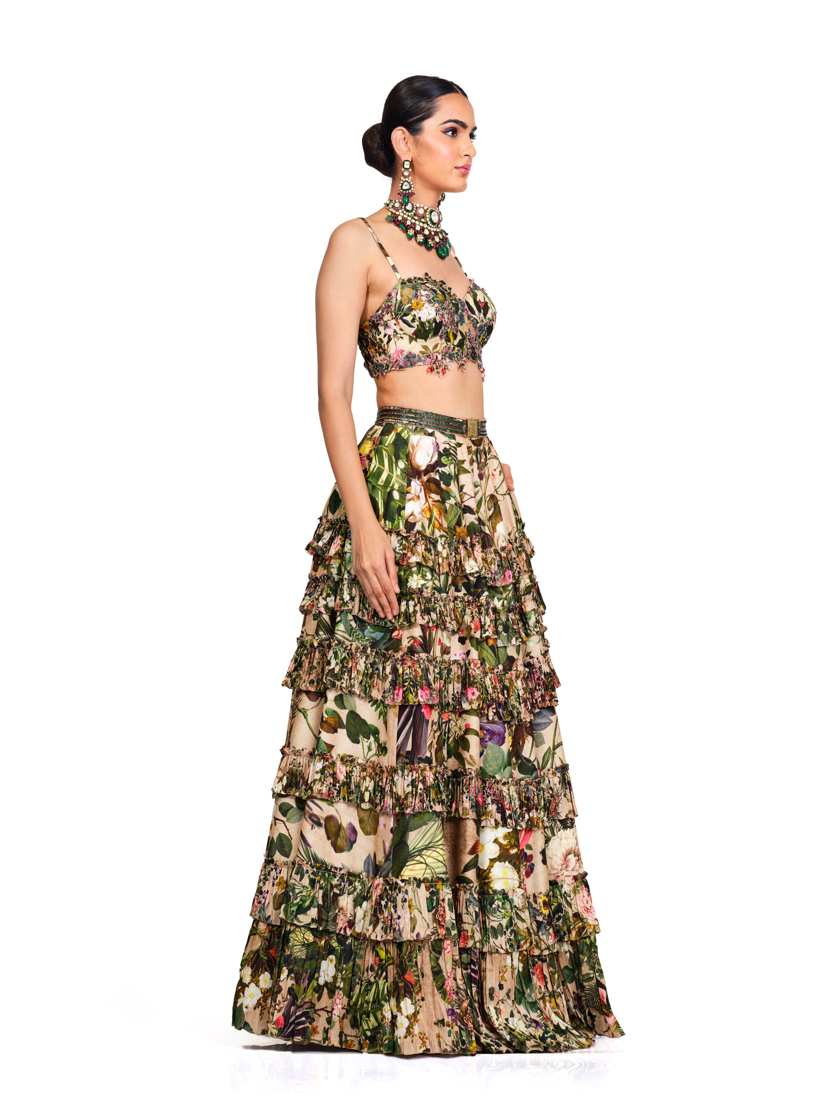 Printed Embroidered Bustier With Printed Lehenga