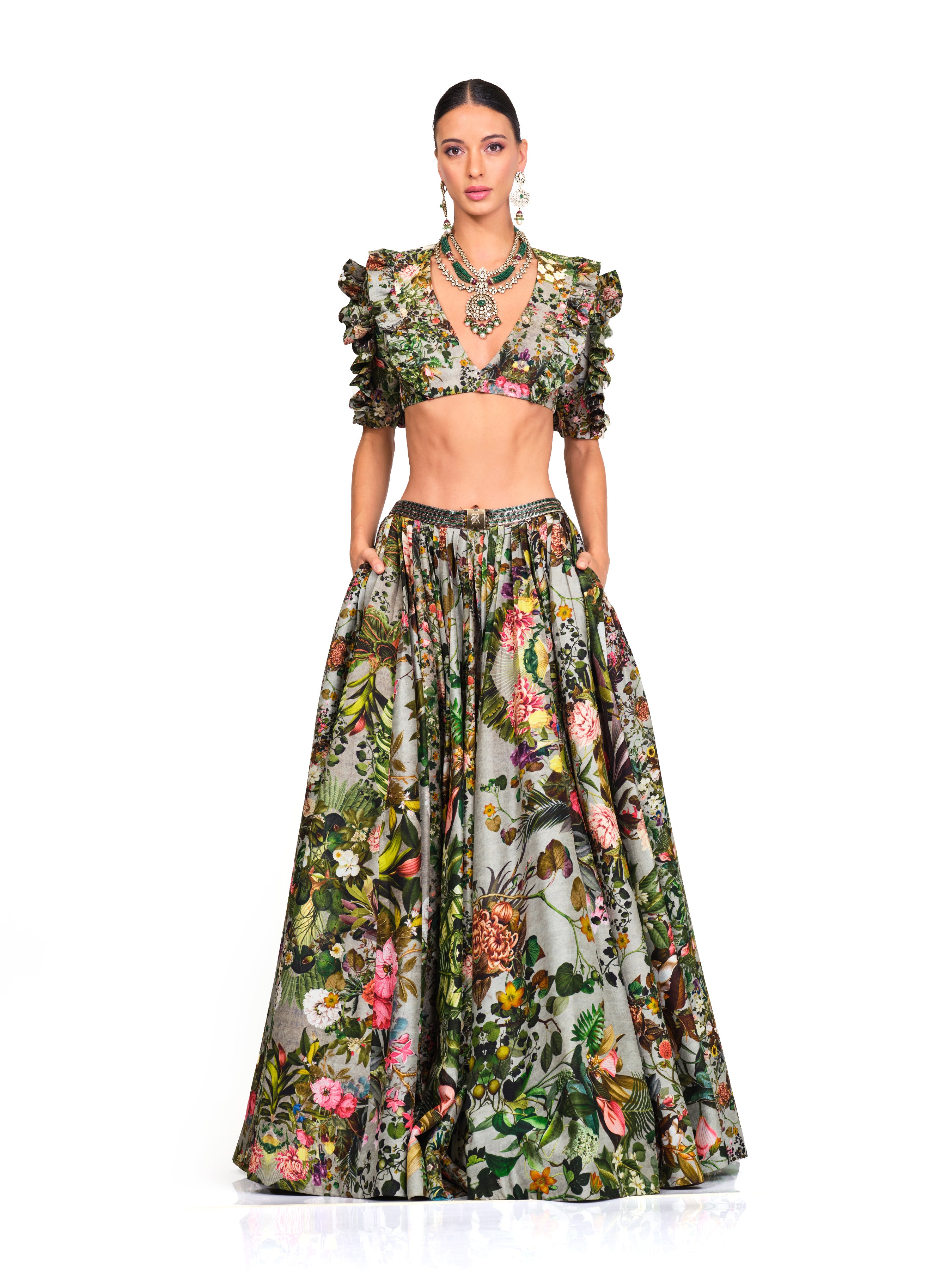 Printed Ruffle Blouse & Lehenga