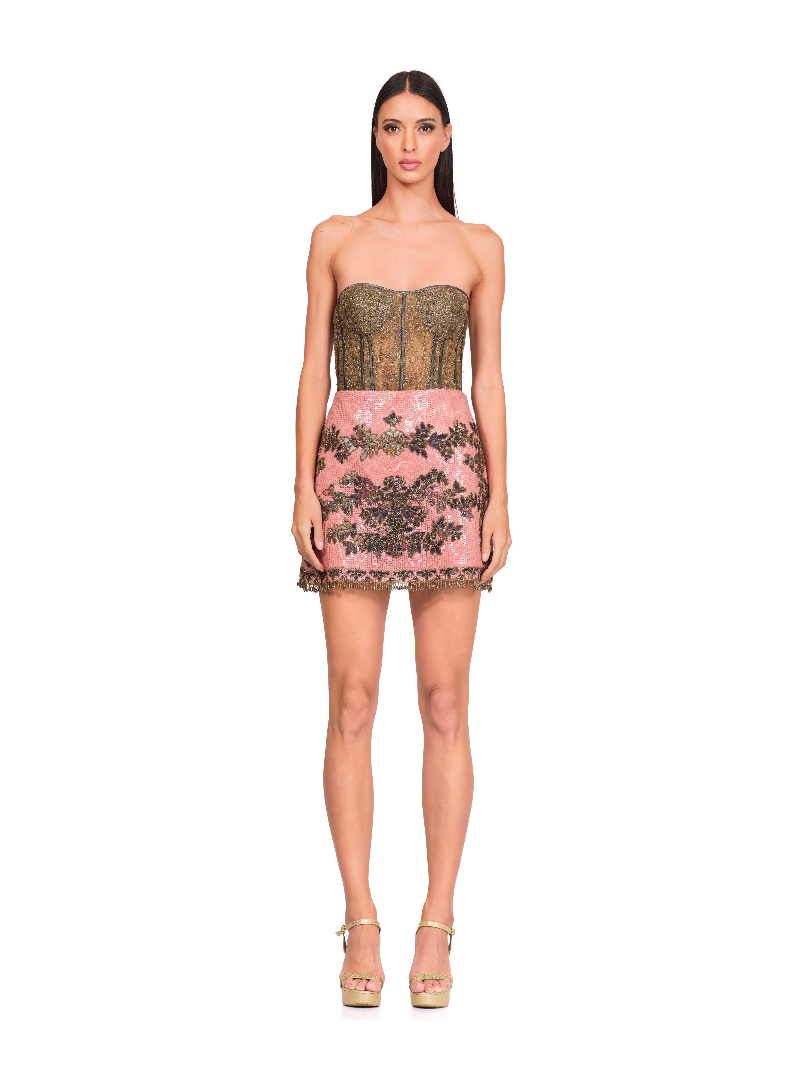 Gold embroidered bodysuit with patchwork embroidered skirt