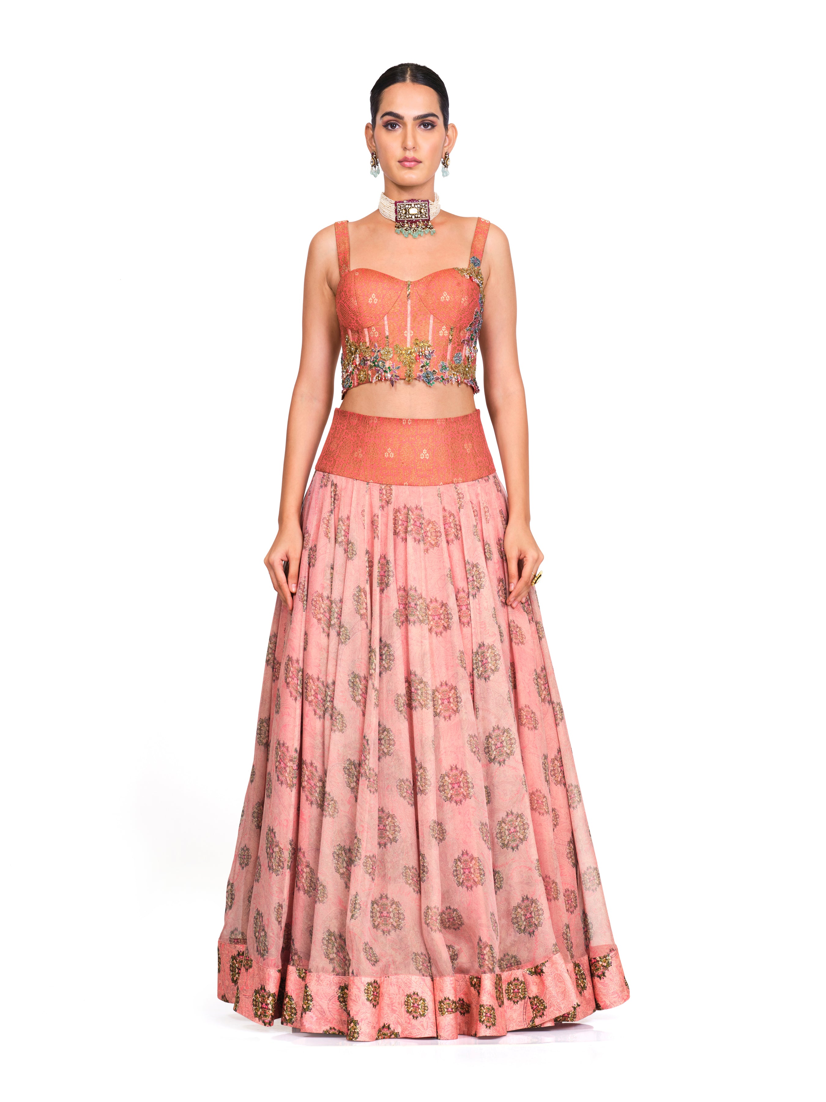 Organza Lehenga With Brocade Corset Top