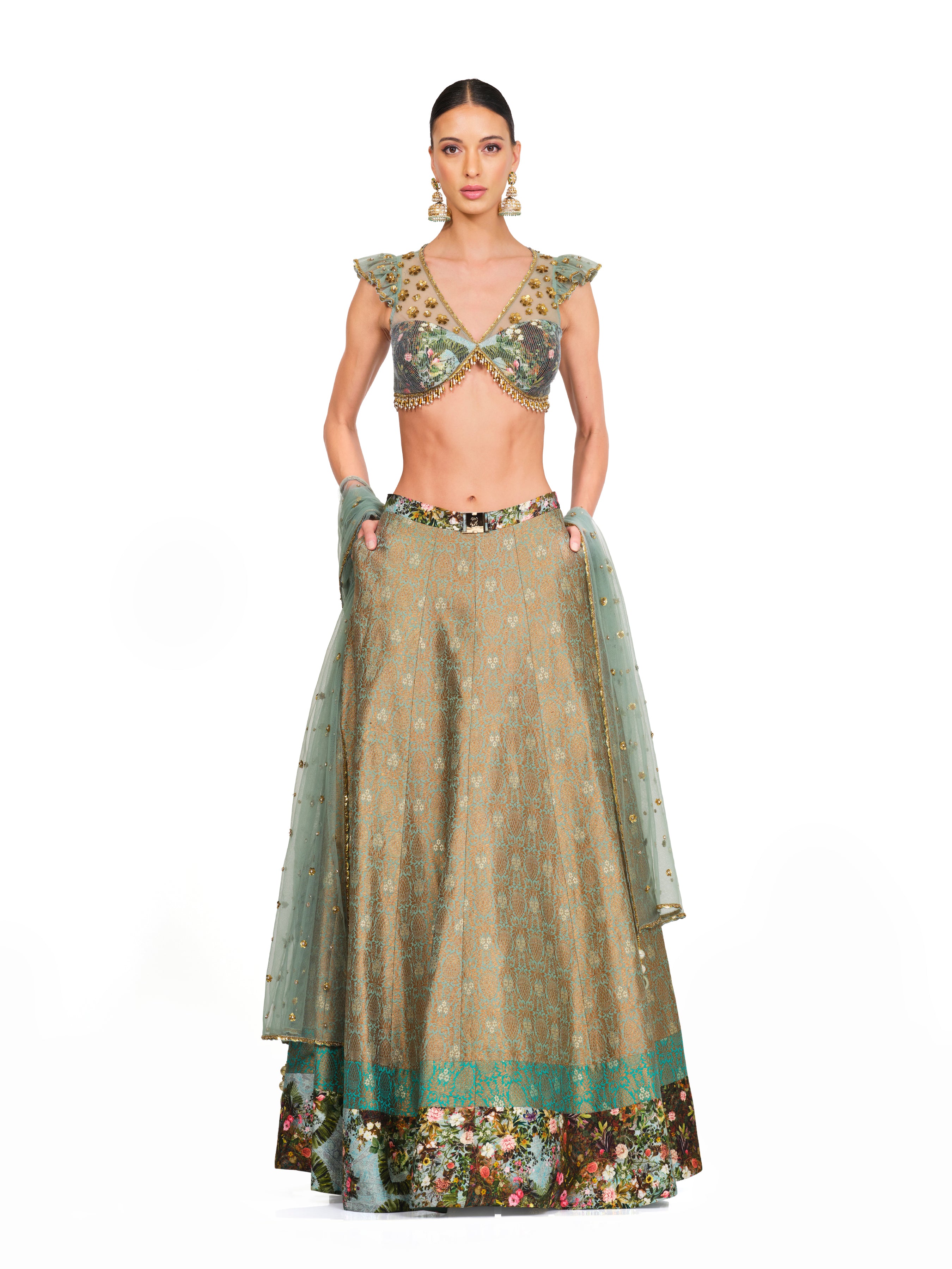 Brocade Lehenga With Ruffled Sleeves