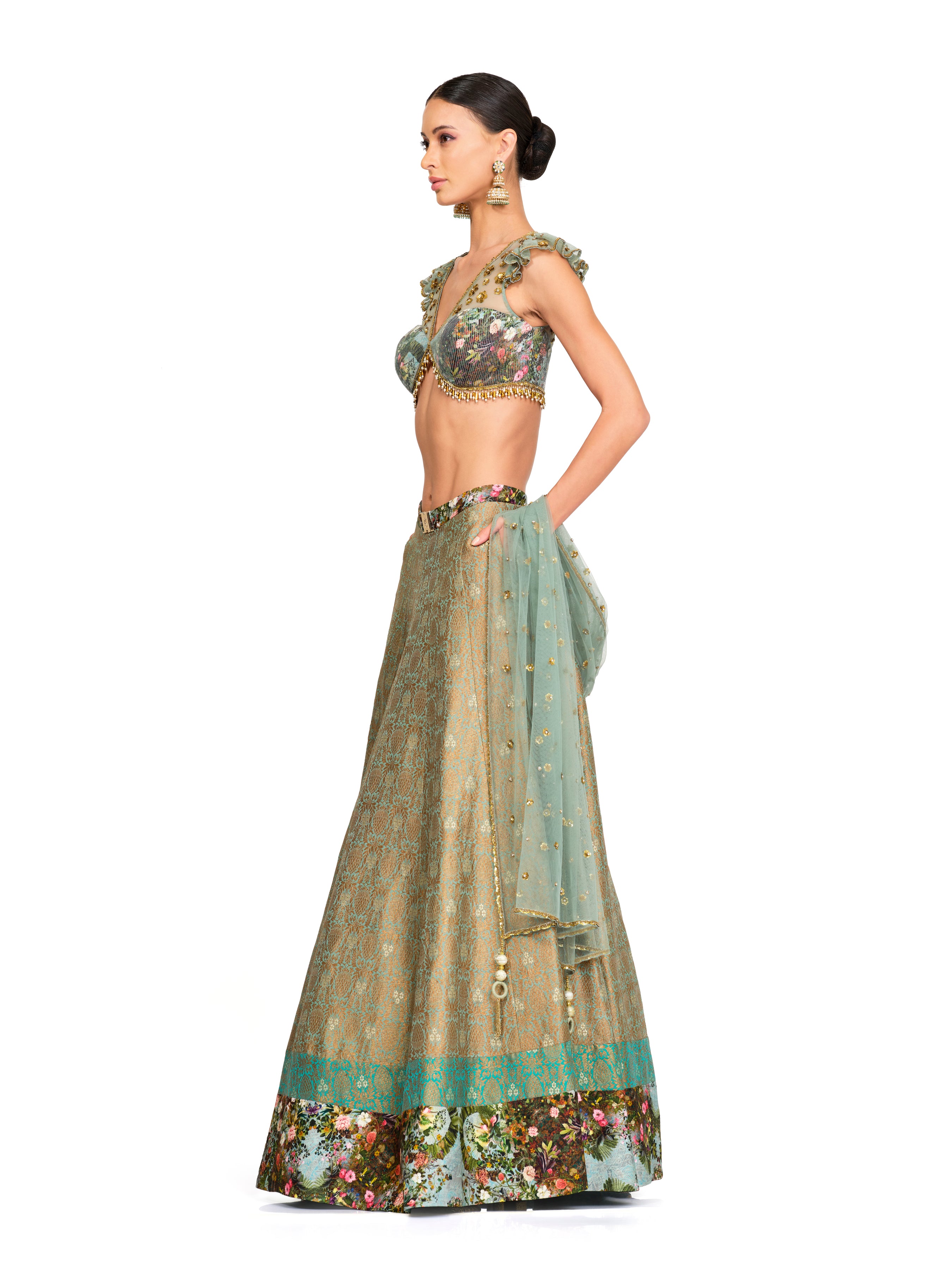 Brocade Lehenga With Ruffled Sleeves