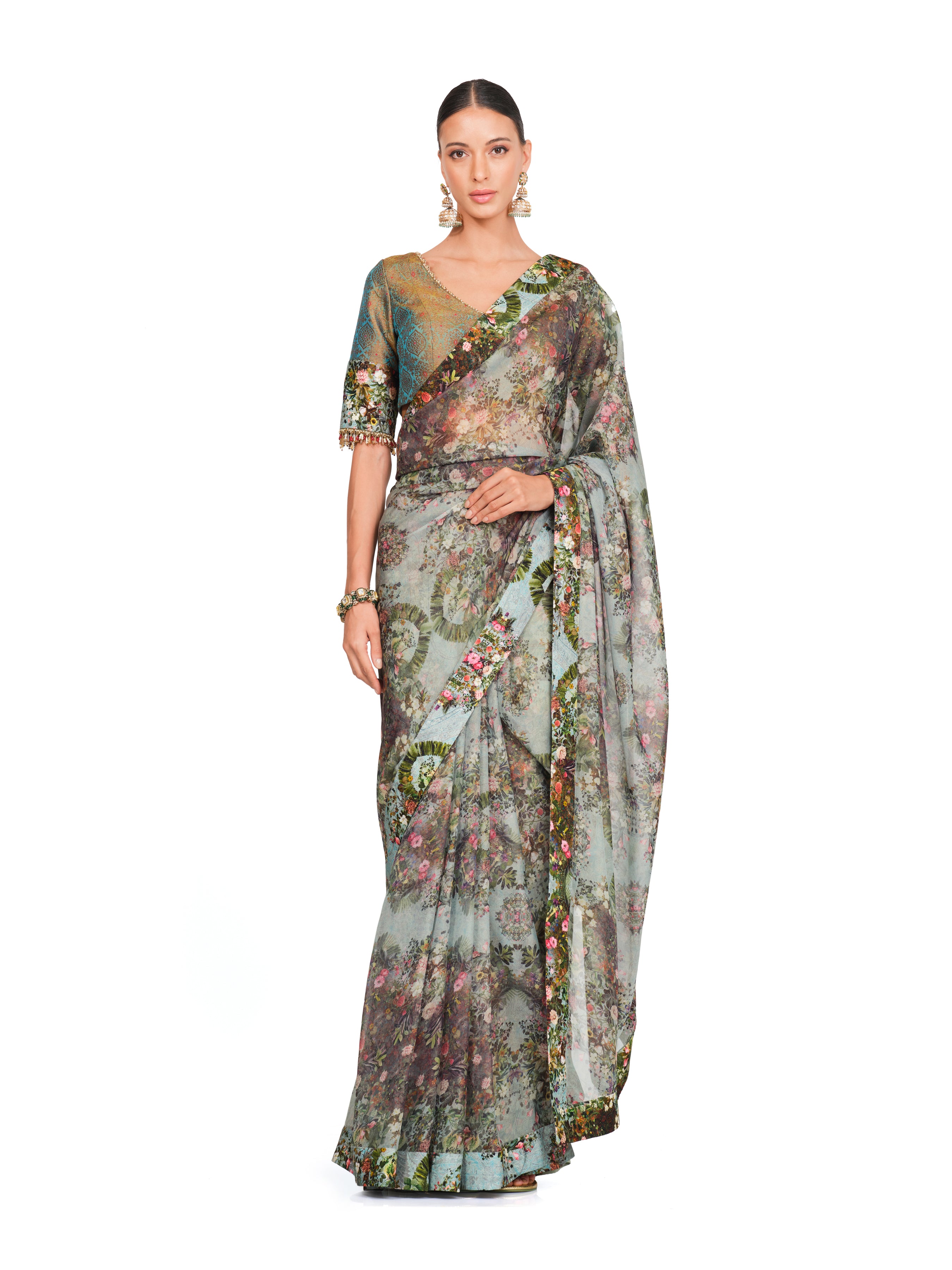 Printed Organza Saree With Brocade Blouse