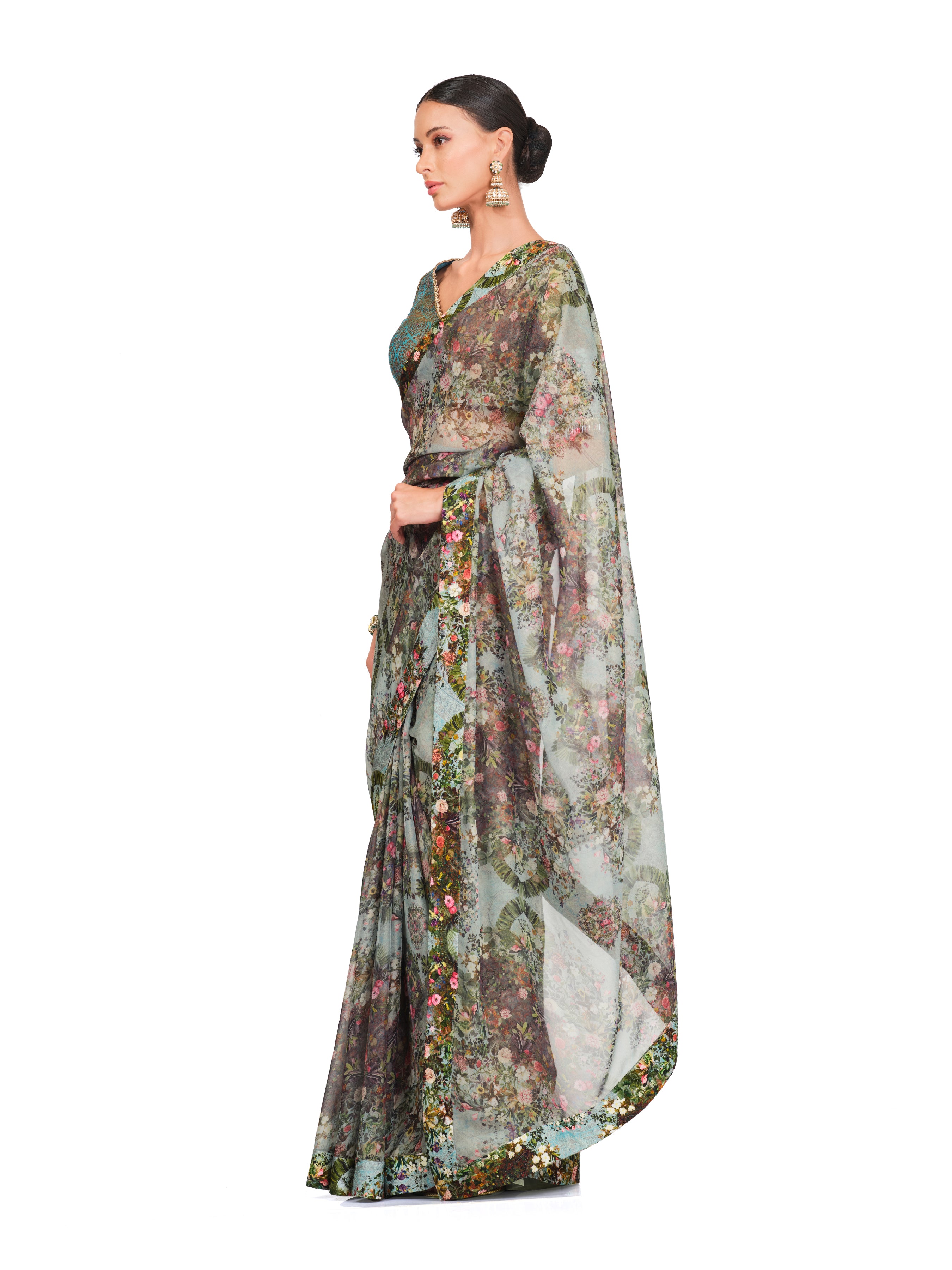 Printed Organza Saree With Brocade Blouse