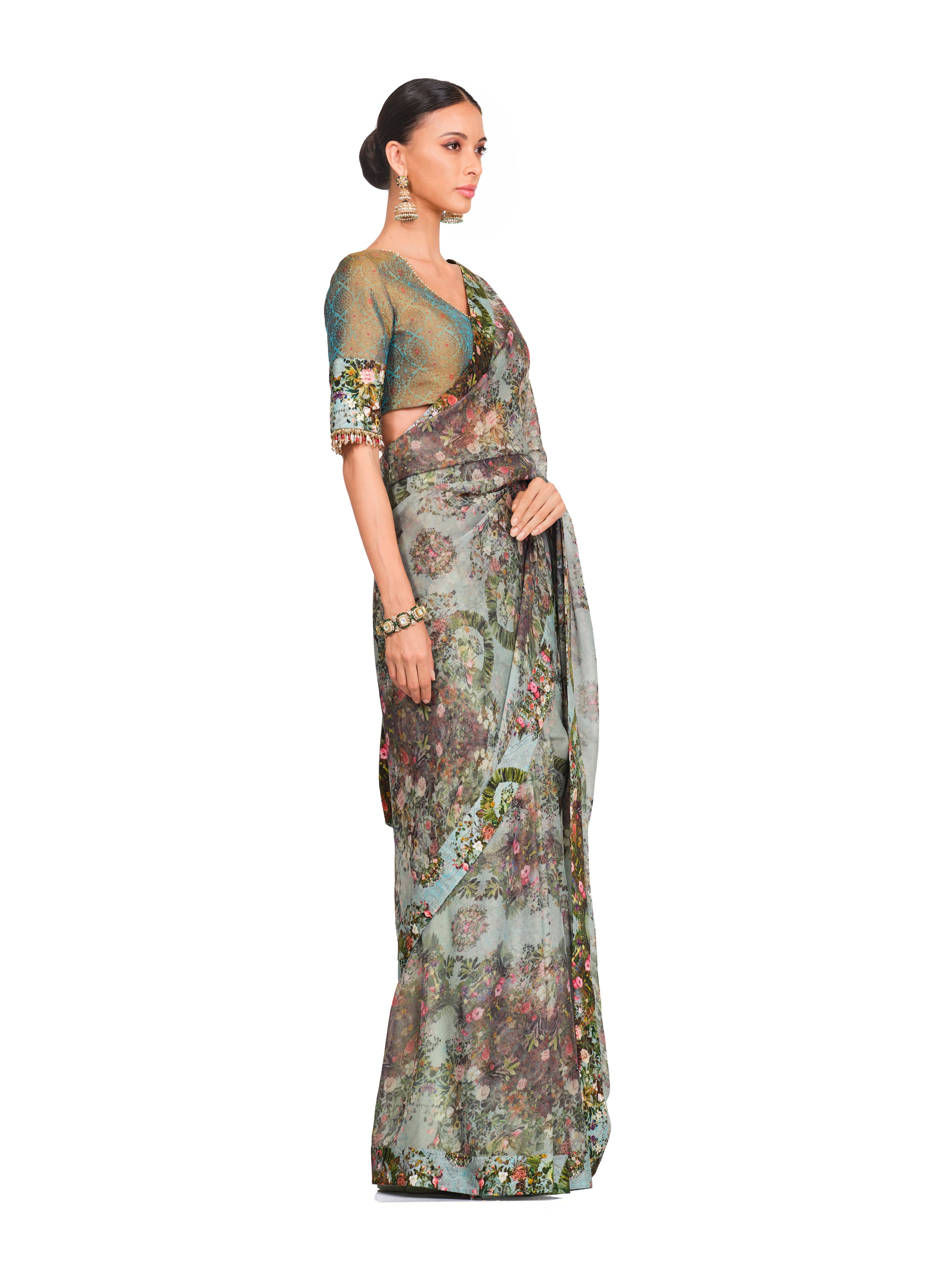 Printed Organza Saree With Brocade Blouse