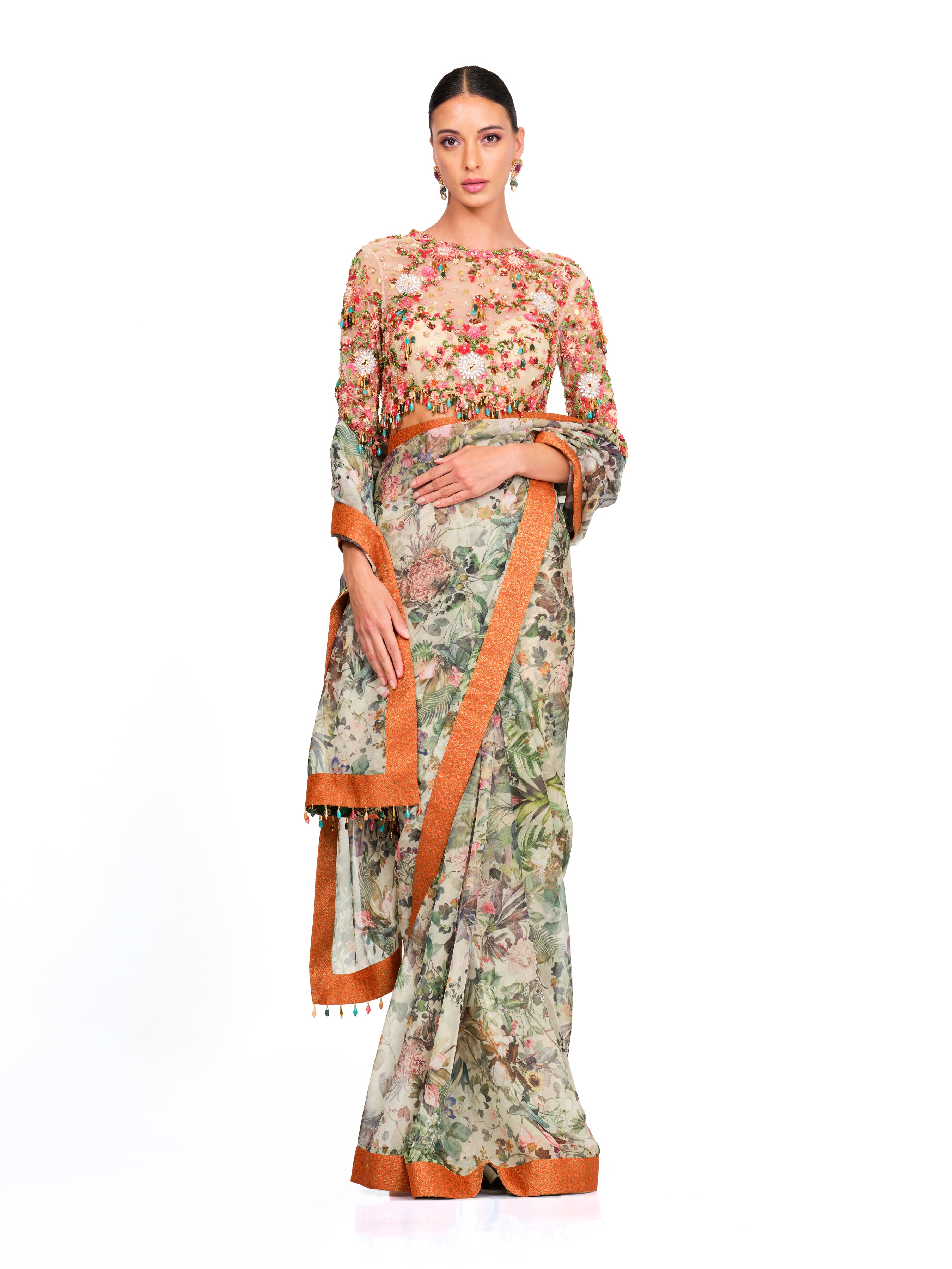 Printed Organza Saree With Tassel Blouse