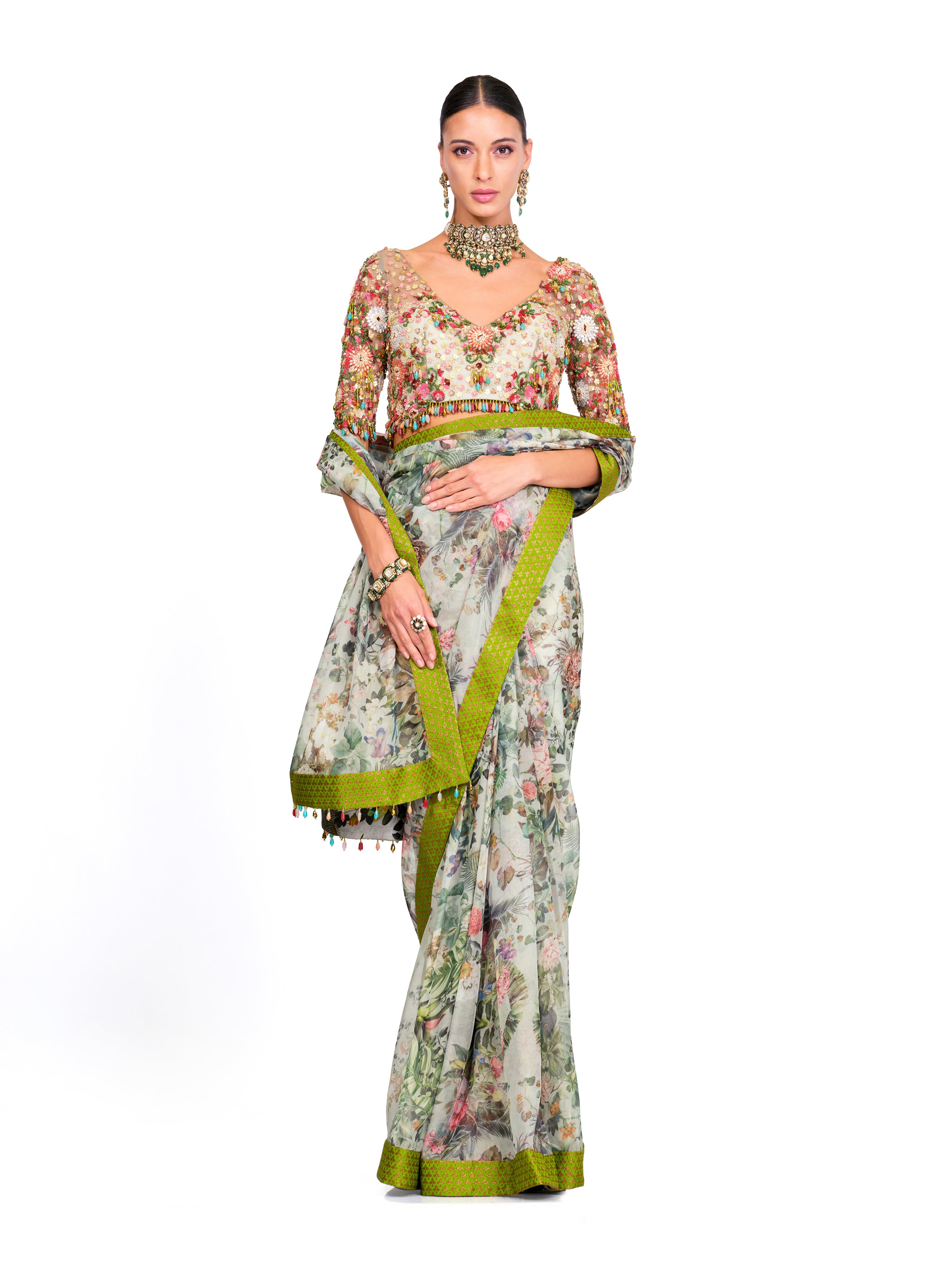Printed Organza Saree With Net Tassel Blouse