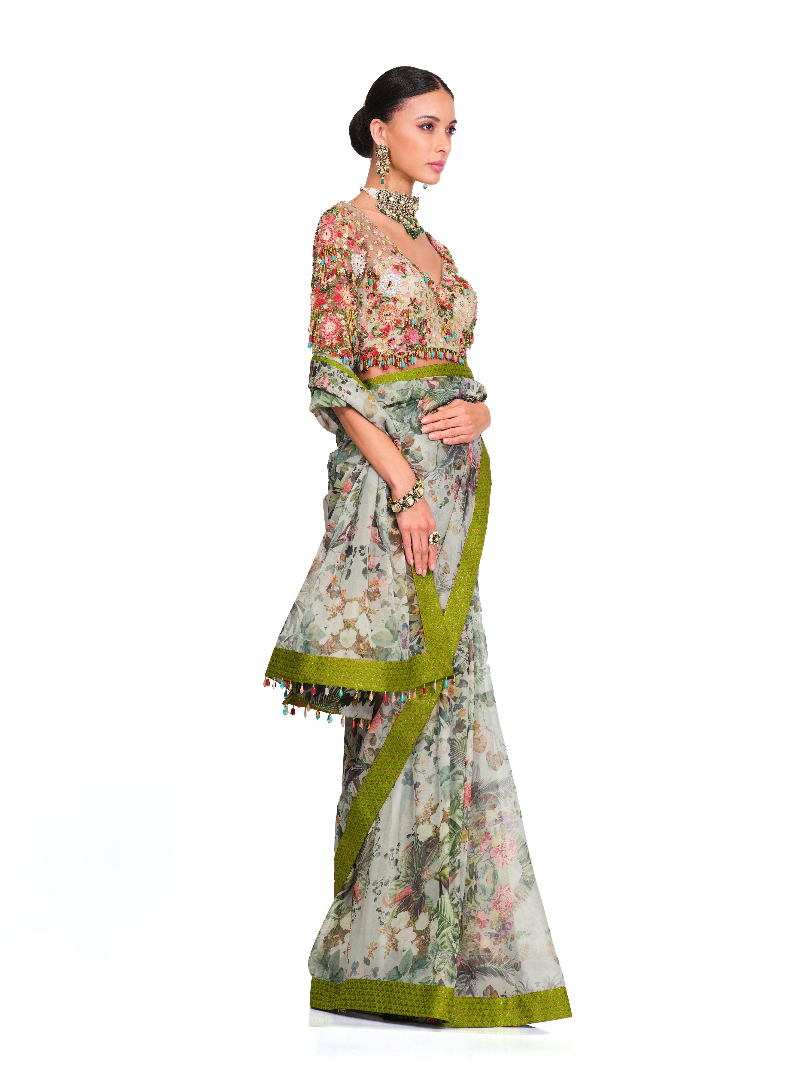 Printed Organza Saree With Net Tassel Blouse