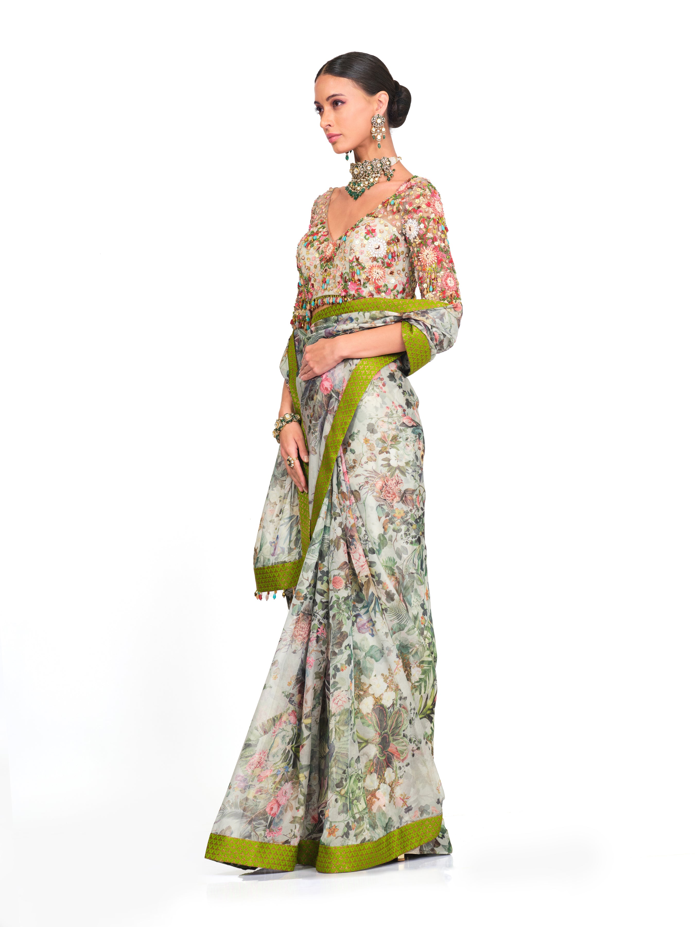 Printed Organza Saree With Net Tassel Blouse