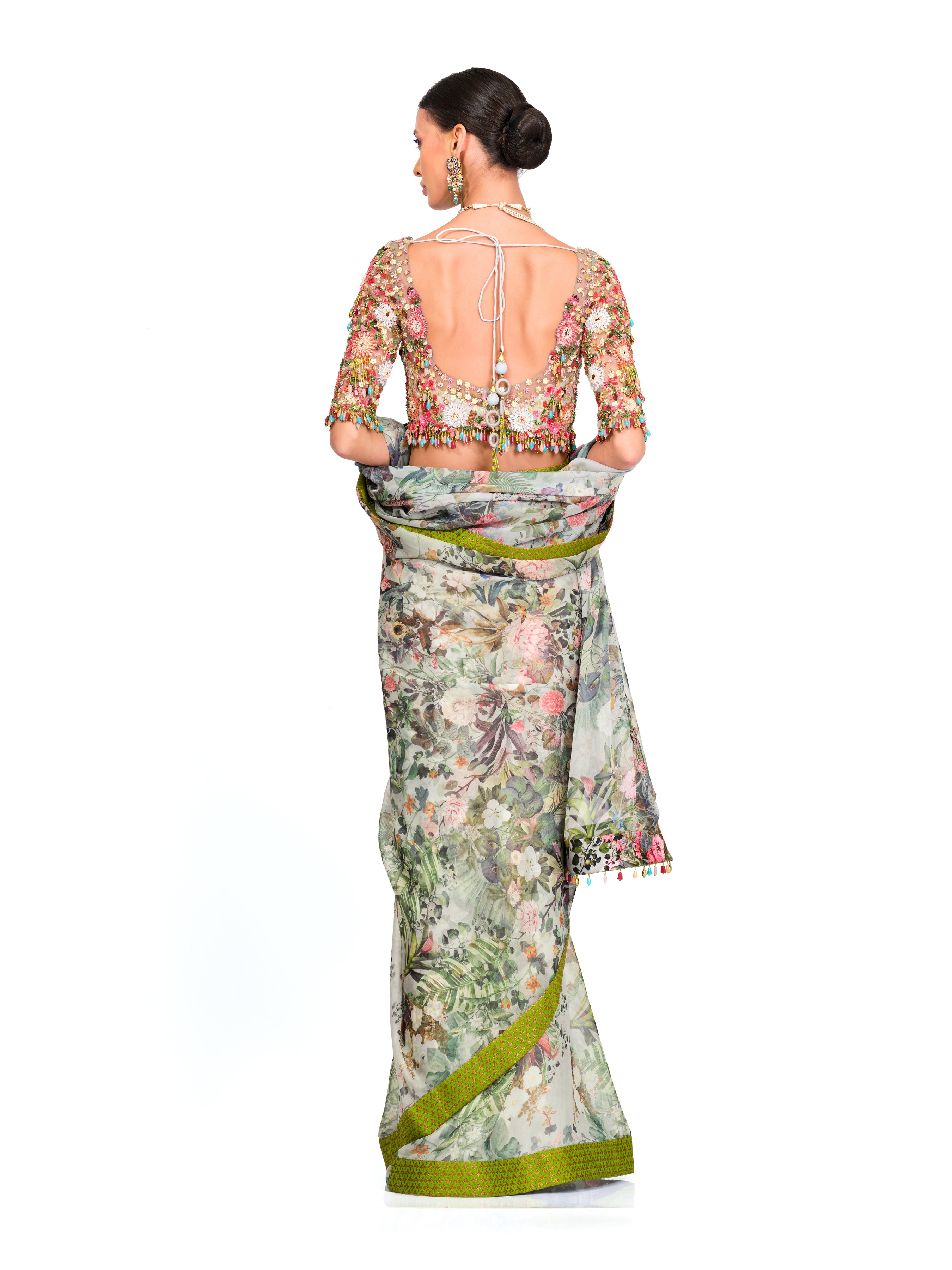 Printed Organza Saree With Net Tassel Blouse