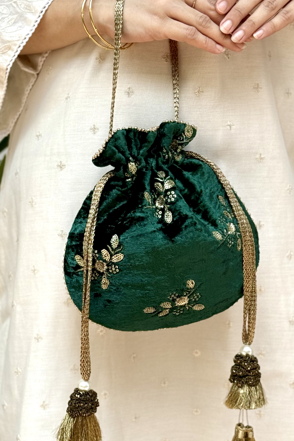 Ras Velvet Embroidered Potli - Green