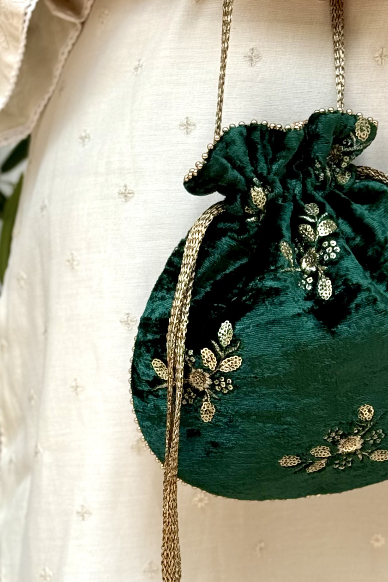 Ras Velvet Embroidered Potli - Green