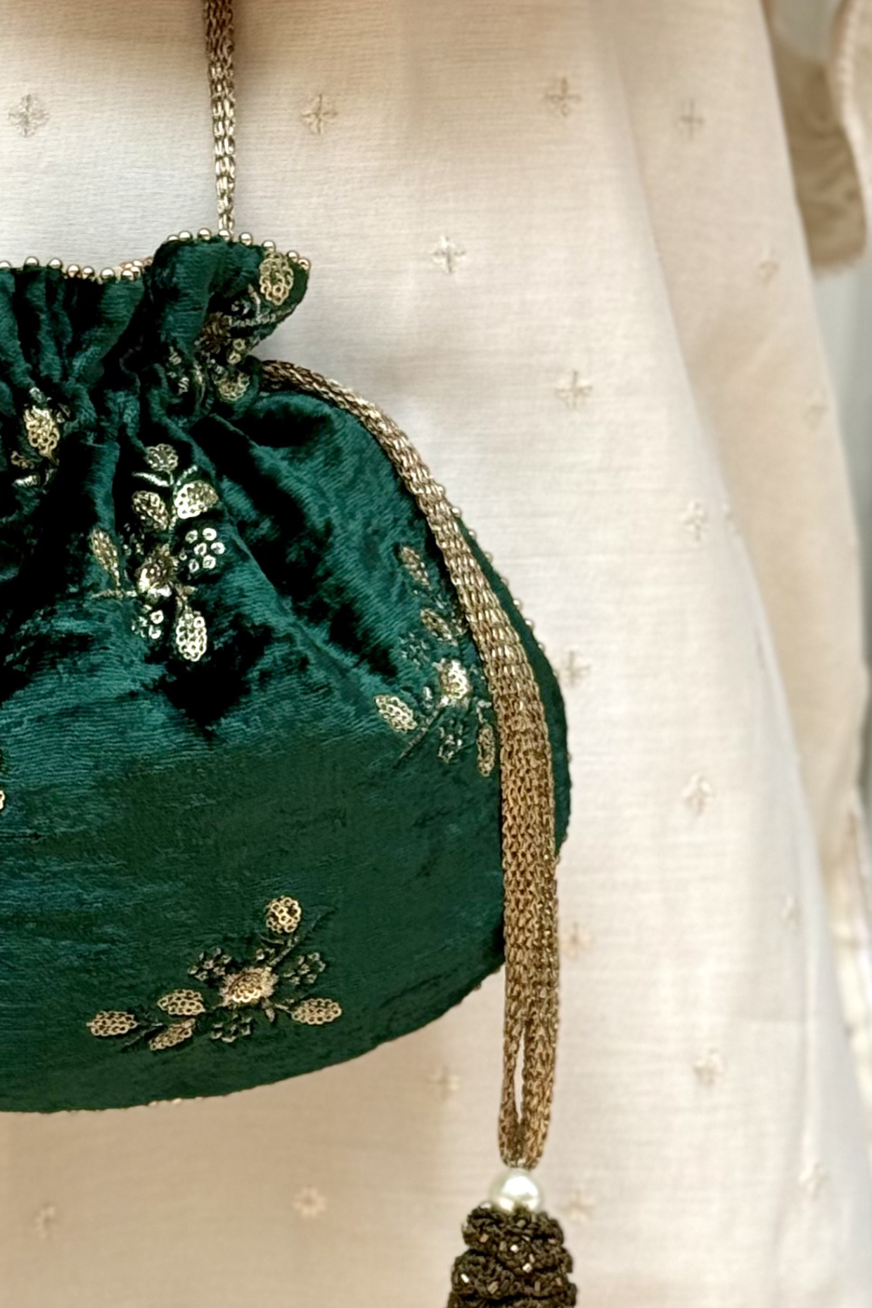 Ras Velvet Embroidered Potli - Green