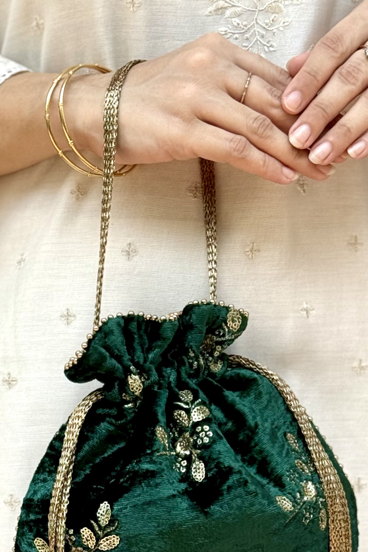 Ras Velvet Embroidered Potli - Green
