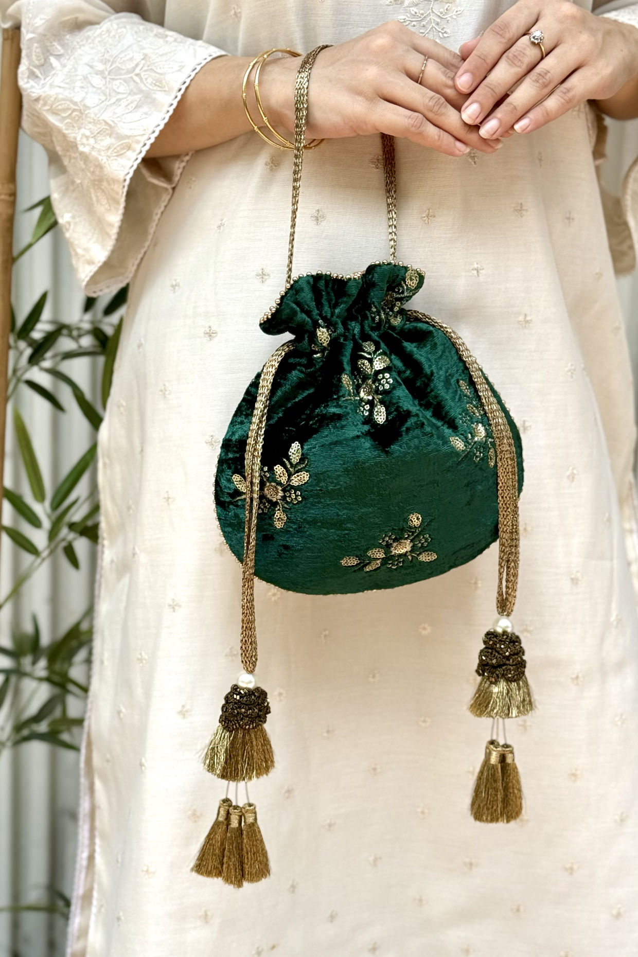 Ras Velvet Embroidered Potli - Green