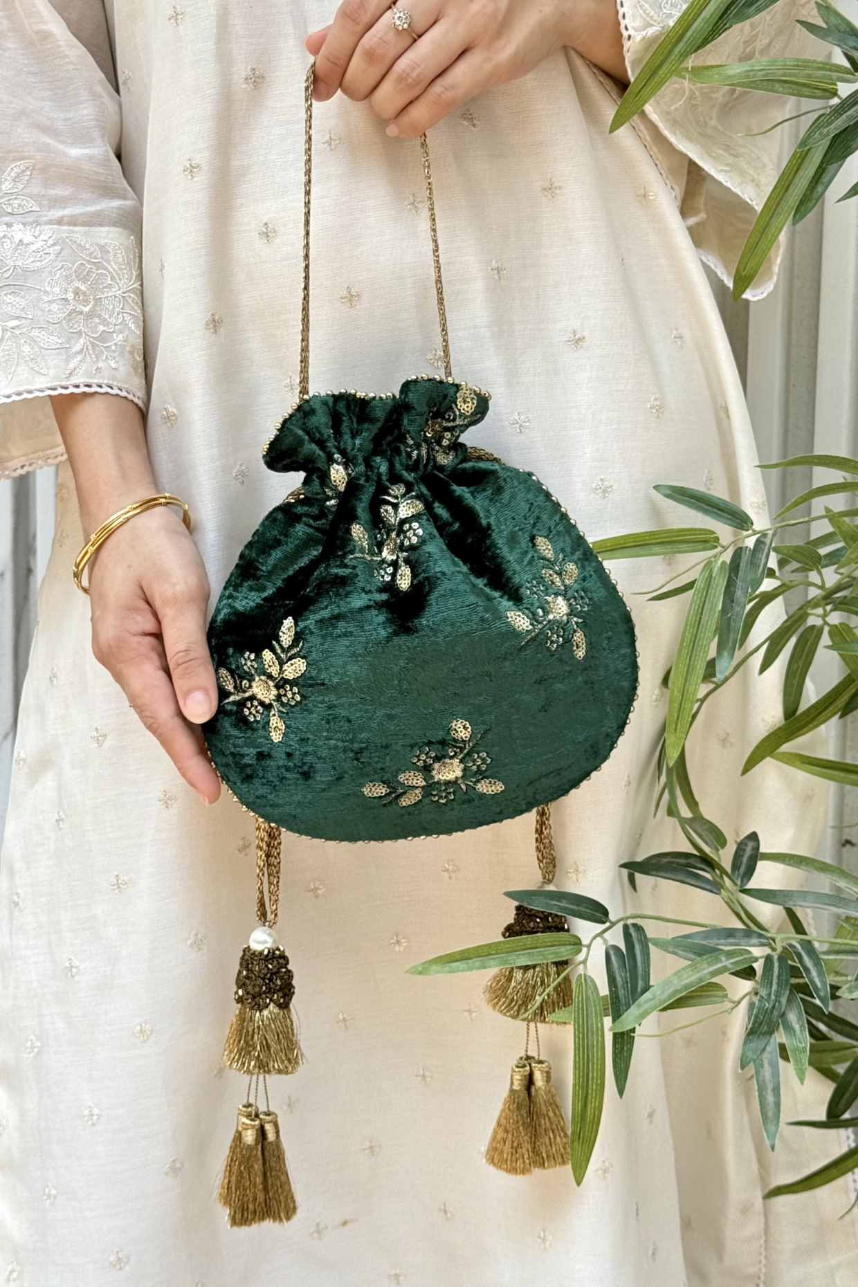 Ras Velvet Embroidered Potli - Green