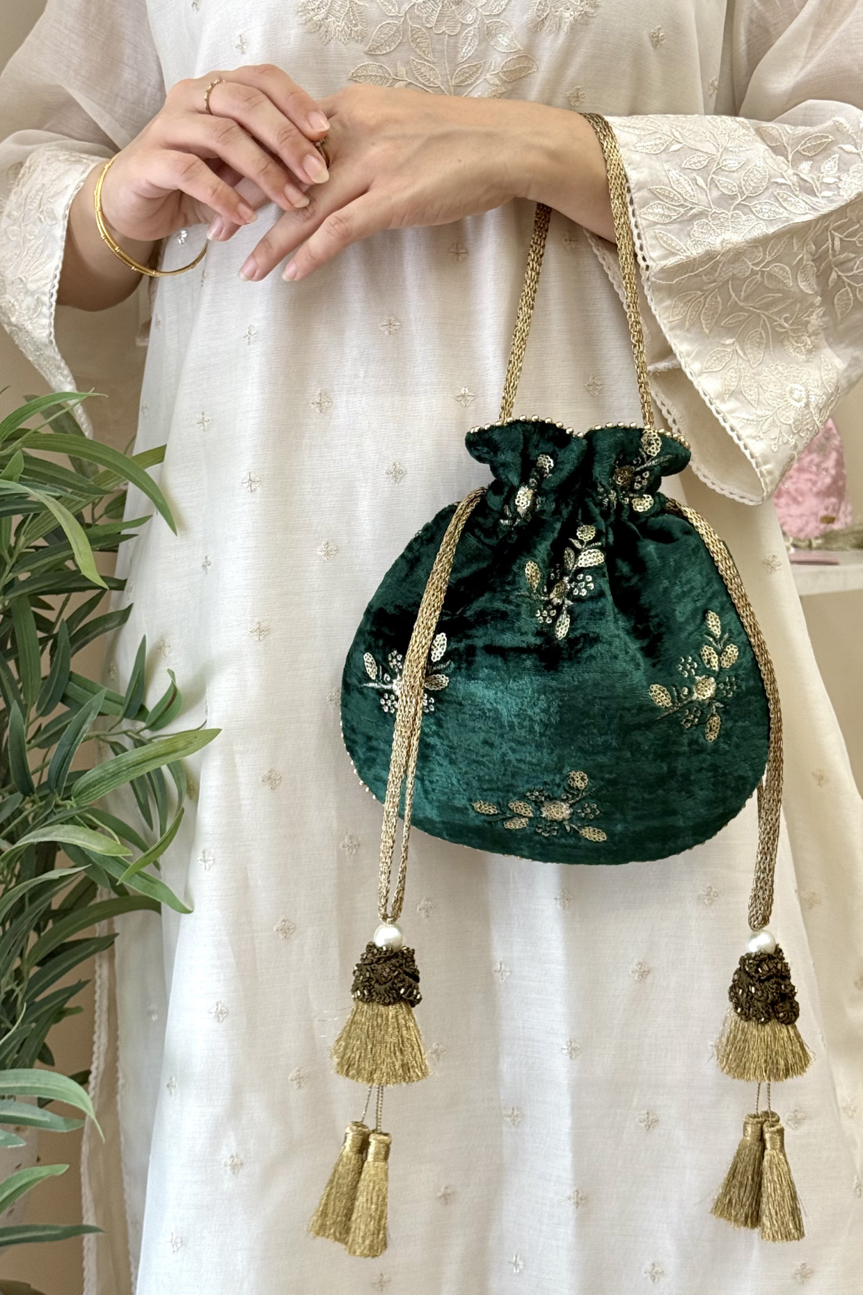 Ras Velvet Embroidered Potli - Green