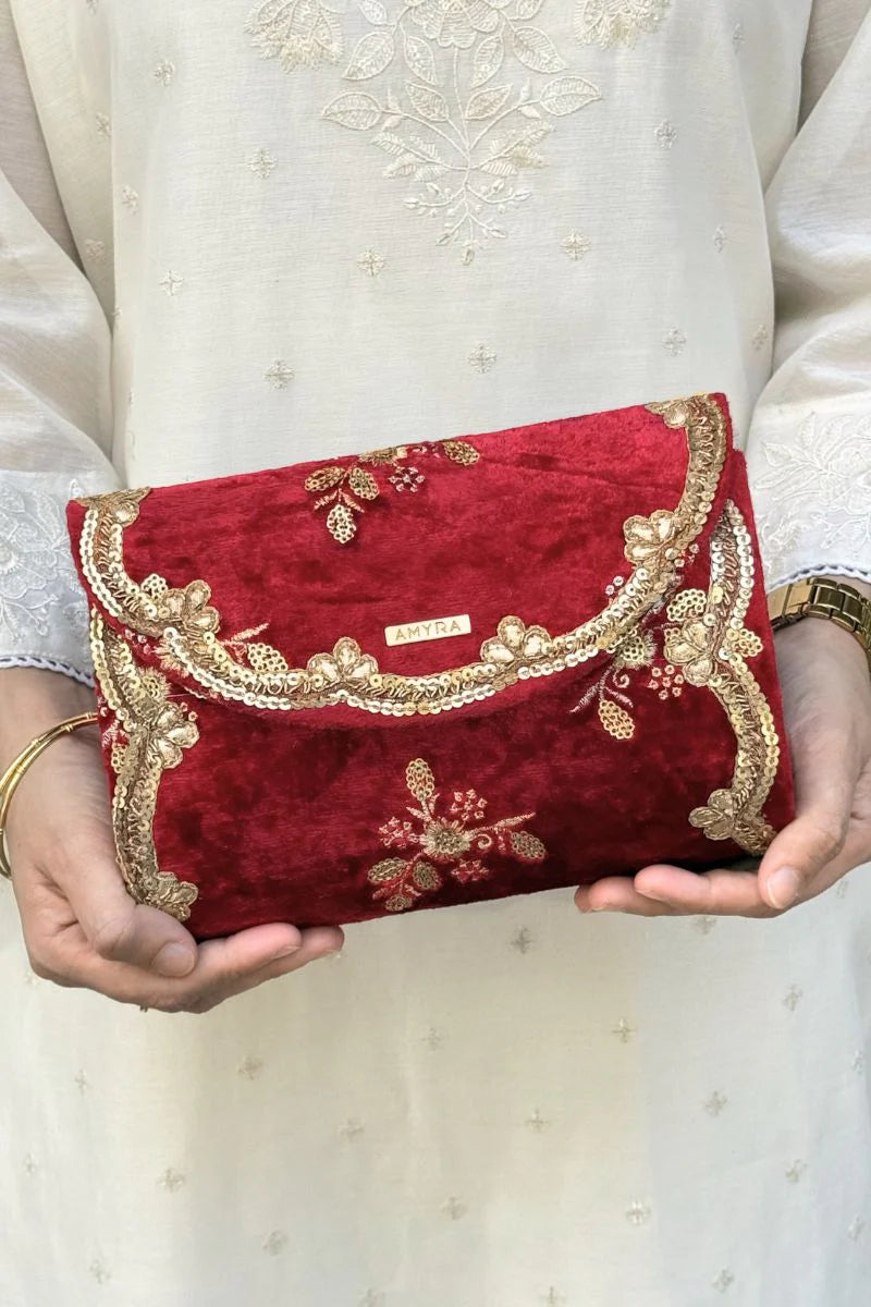 Ras Velvet Embroidered Flapover - Red