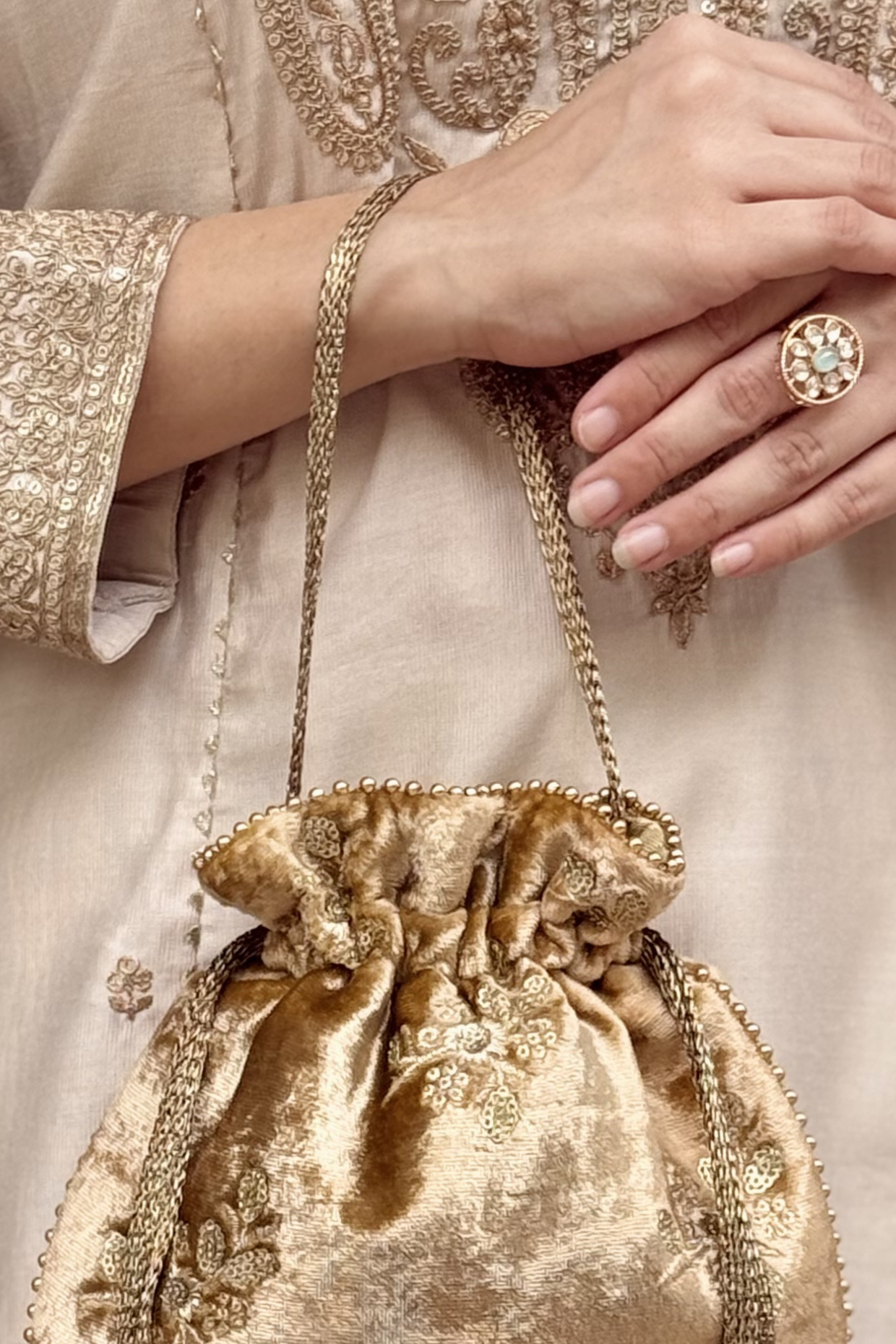 Ras Velvet Embroidered Potli - Gold
