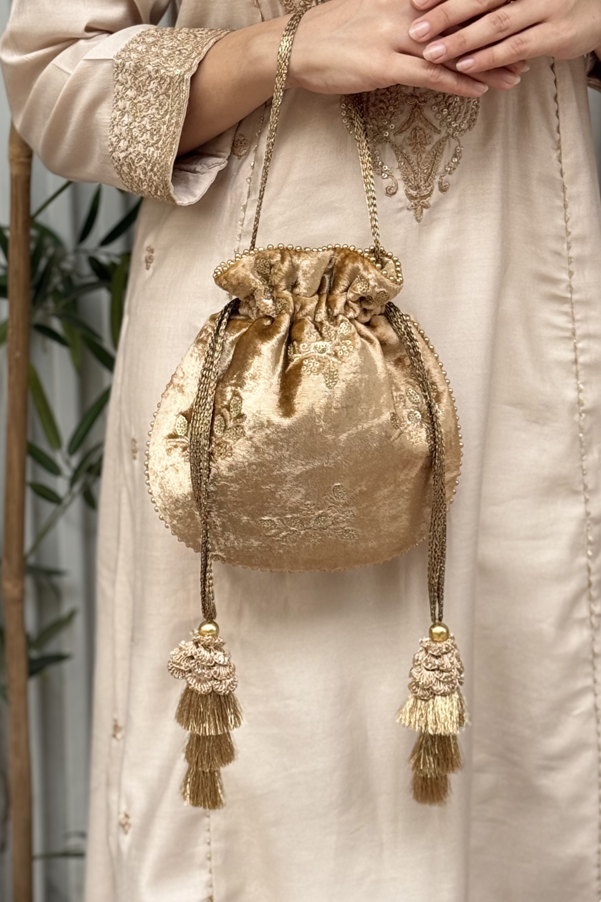 Ras Velvet Embroidered Potli - Gold