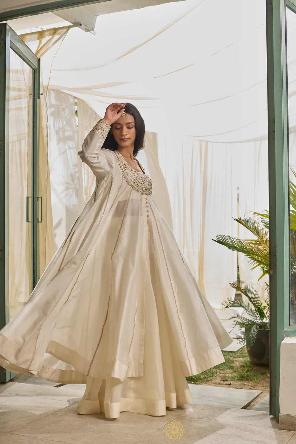 Chahat - Moon White Chanderi Anarkali, Tonal Sharara, Embroidered Gold Chahat - Moon White Chanderi Anarkali, Tonal Sharara, Embroidered Gold