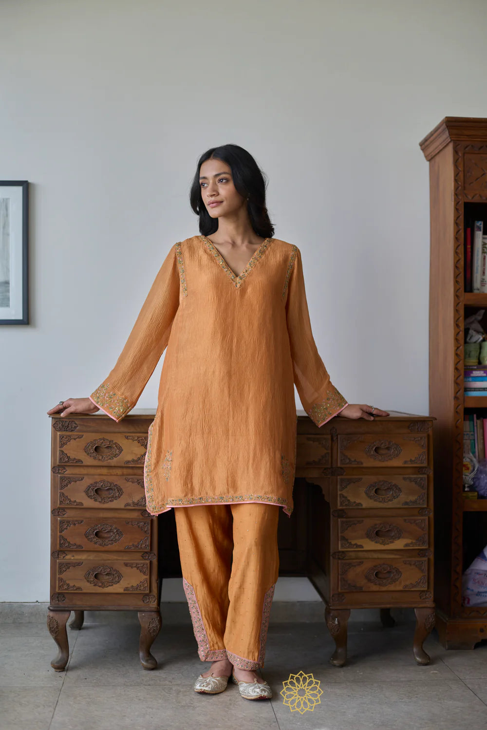 Iraya - Mustard Orange Crushed Chanderi Tissue Kurta, Tonal Salwar with Embroidered Tissue Chanderi Dupatta