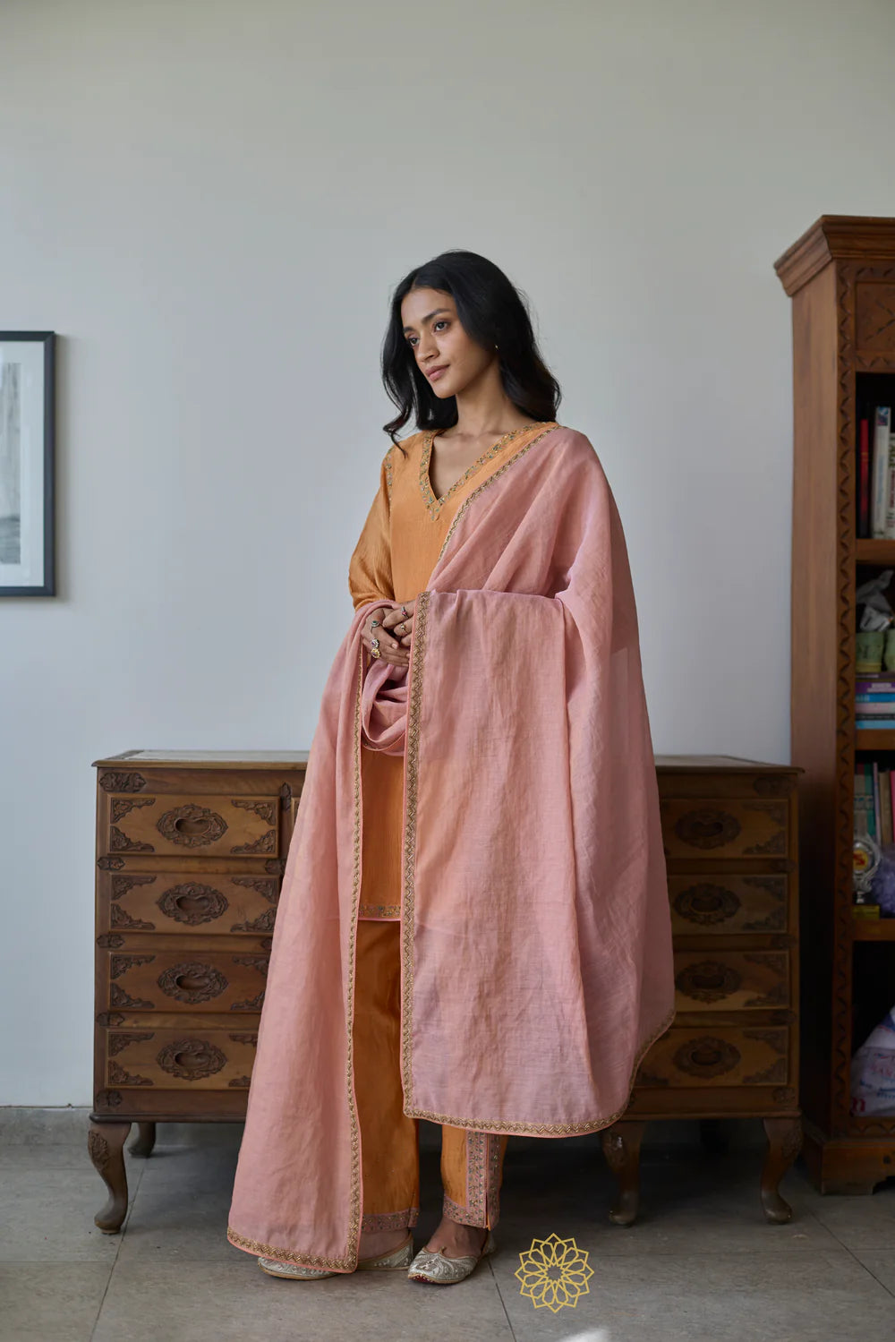 Iraya - Mustard Orange Crushed Chanderi Tissue Kurta, Tonal Salwar with Embroidered Tissue Chanderi Dupatta
