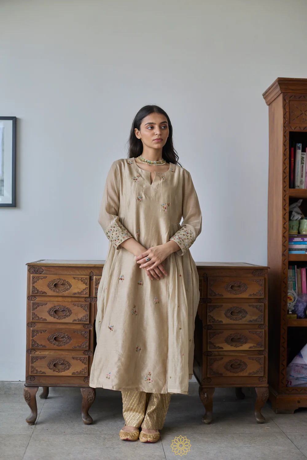 Naaz - Almond Chanderi Anarkali, Tonal Pants with Floral Embroidered Kota Silk Dupatta