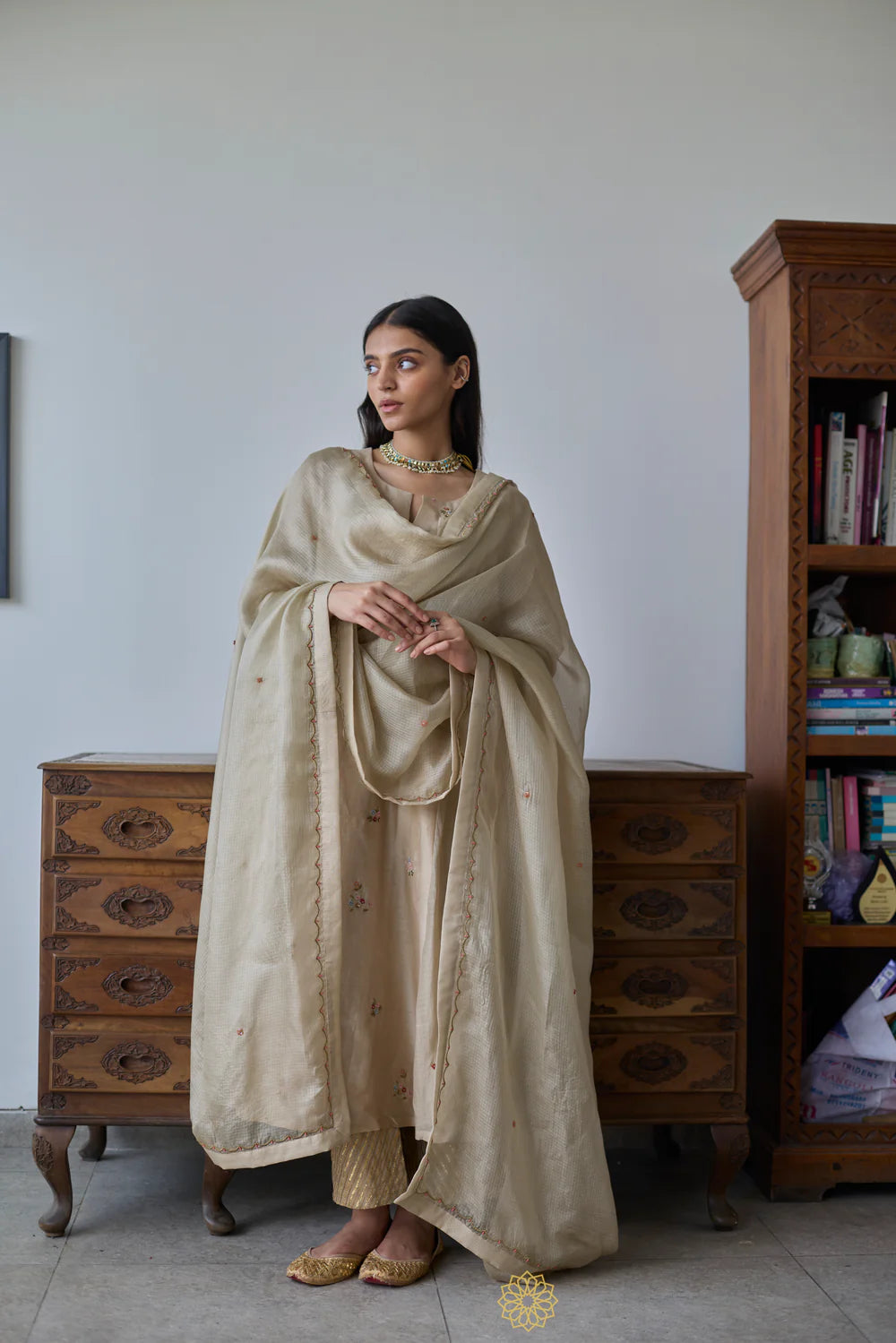 Naaz - Almond Chanderi Anarkali, Tonal Pants with Floral Embroidered Kota Silk Dupatta