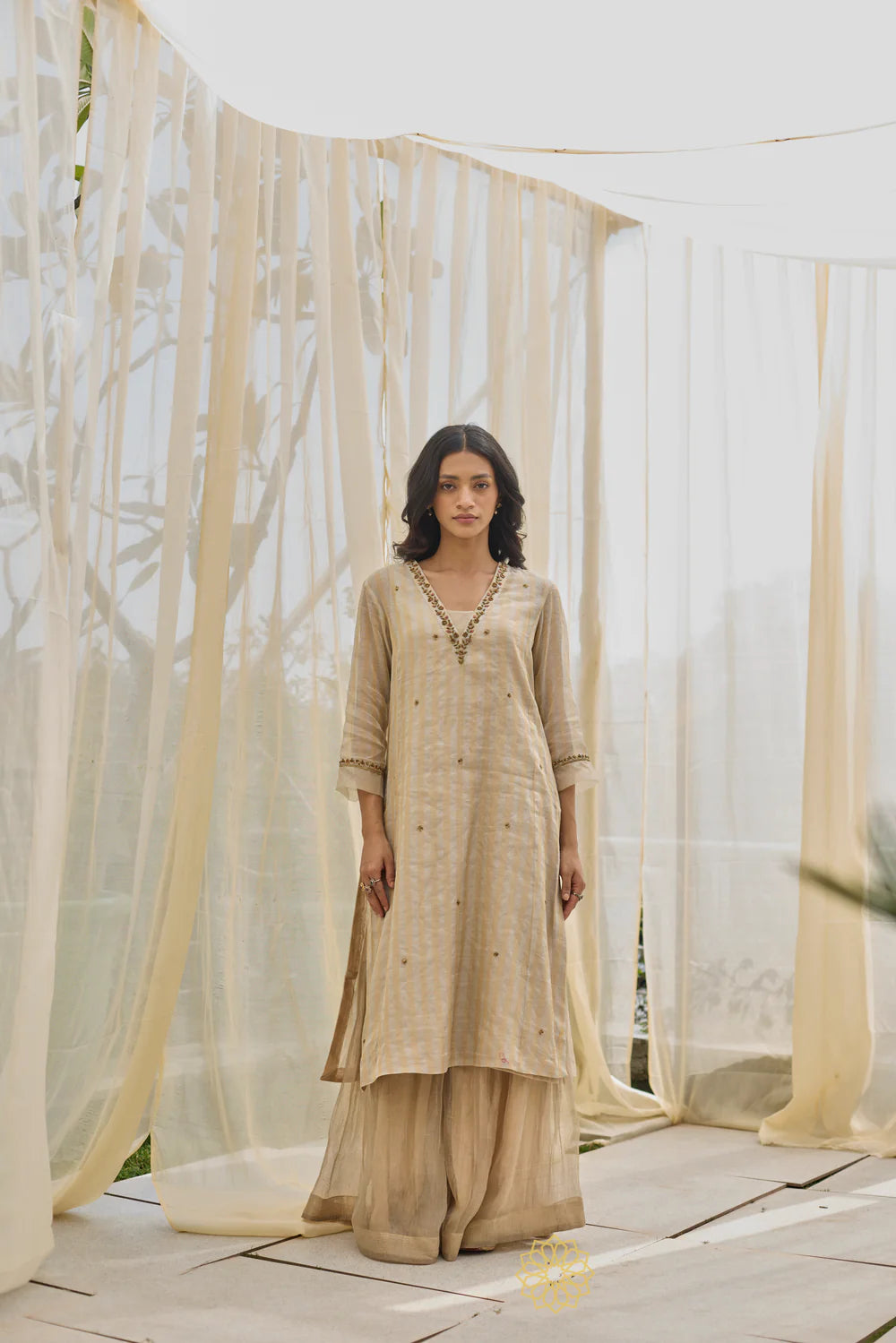 Nuresa - Almond Gold Stripe Chanderi Kurta, Benarasi Silk Tissue Sharara with Floral Jaal Organza Dupatta