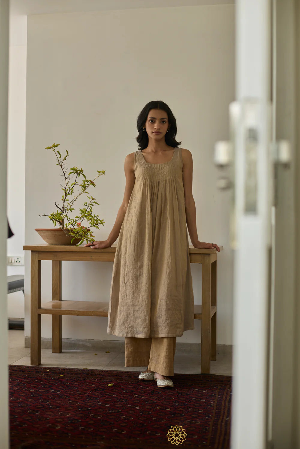 Sanat - Almond Tissue Chanderi Kurta & Pants, Tonal Crushed Silk Embroidered Jacket