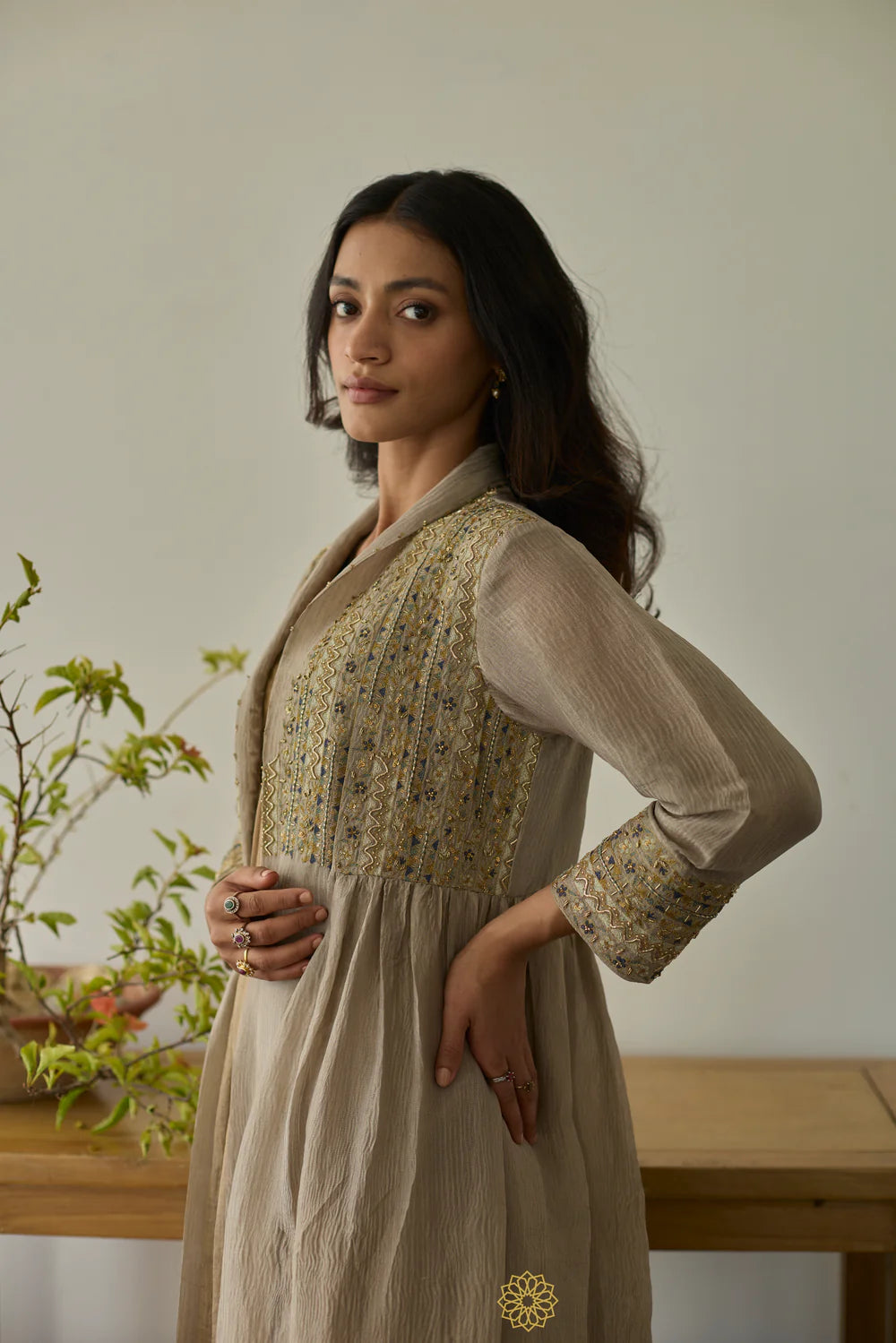Sanat - Almond Tissue Chanderi Kurta & Pants, Tonal Crushed Silk Embroidered Jacket