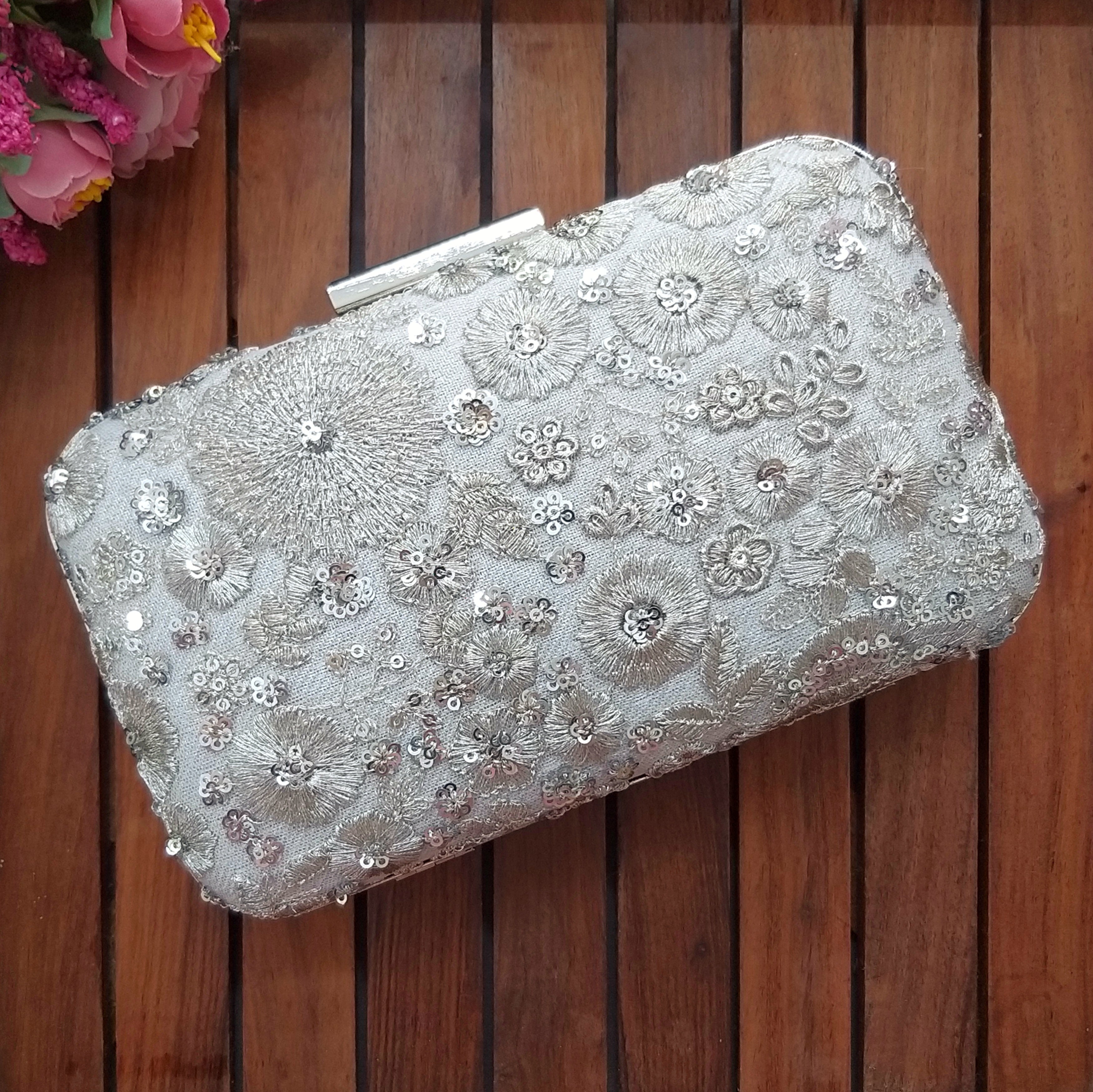 Silver Embroidered Box Clutch