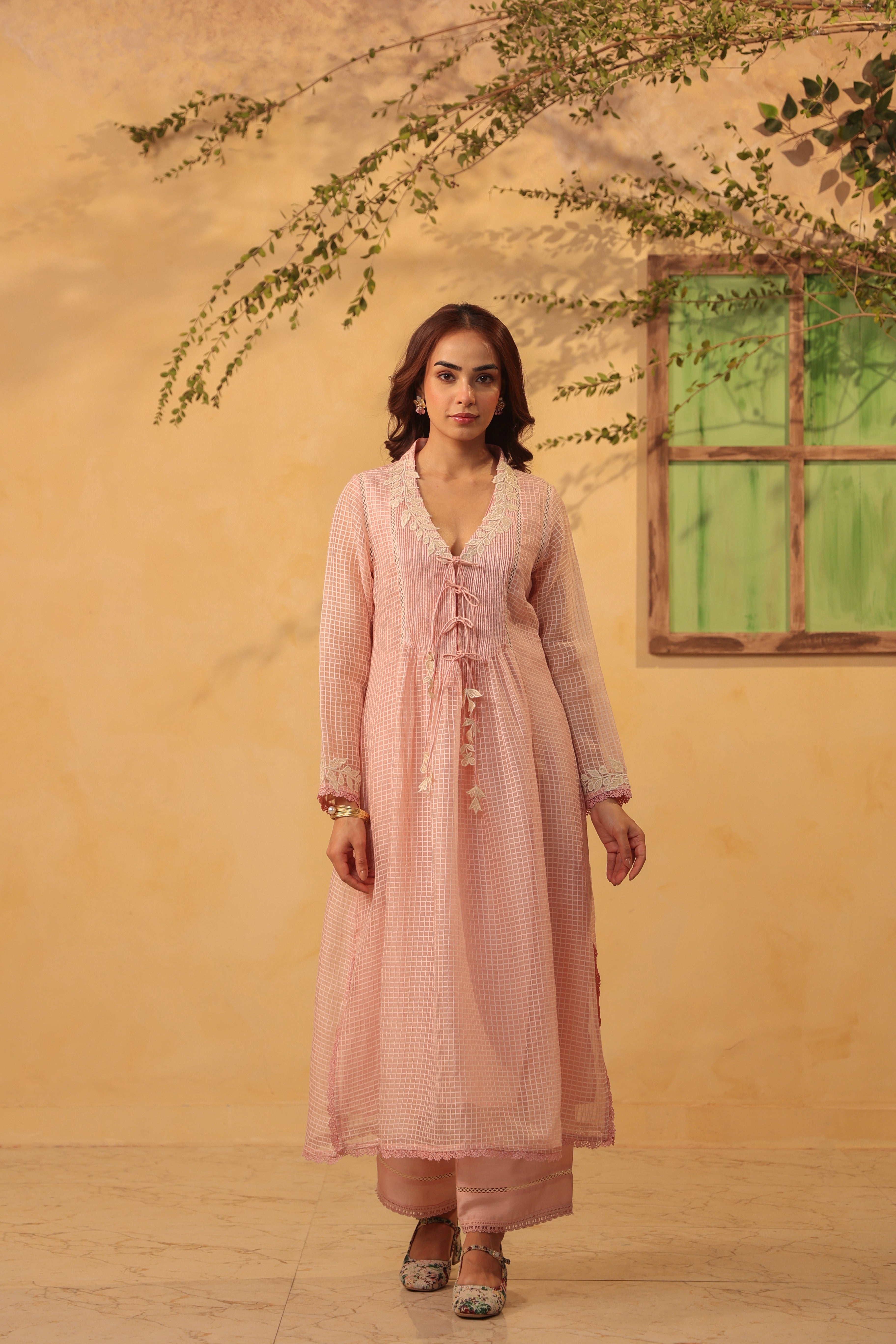 Vaayu Light Pink Tie-up Kurta Set