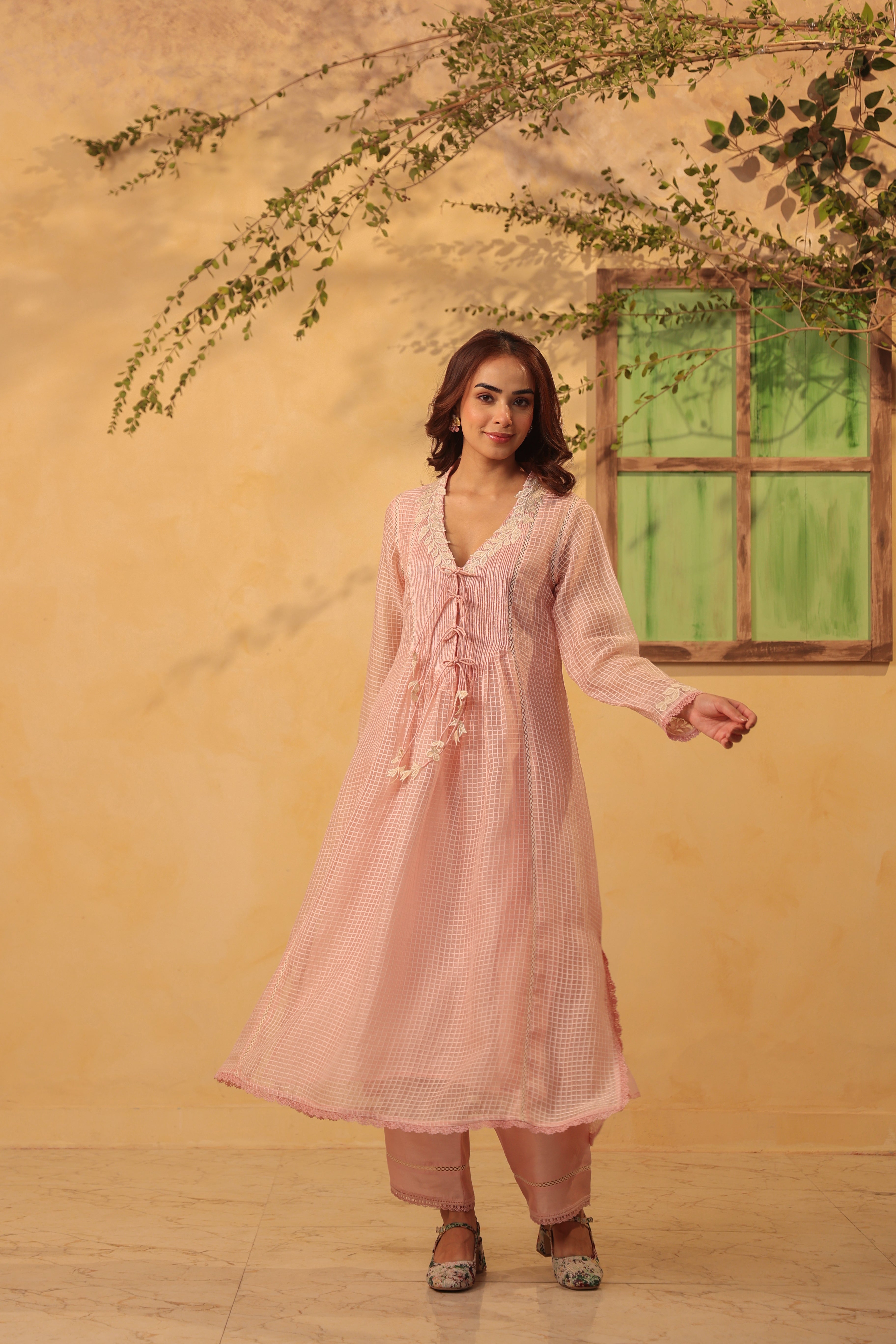 Vaayu Light Pink Tie-up Kurta Set