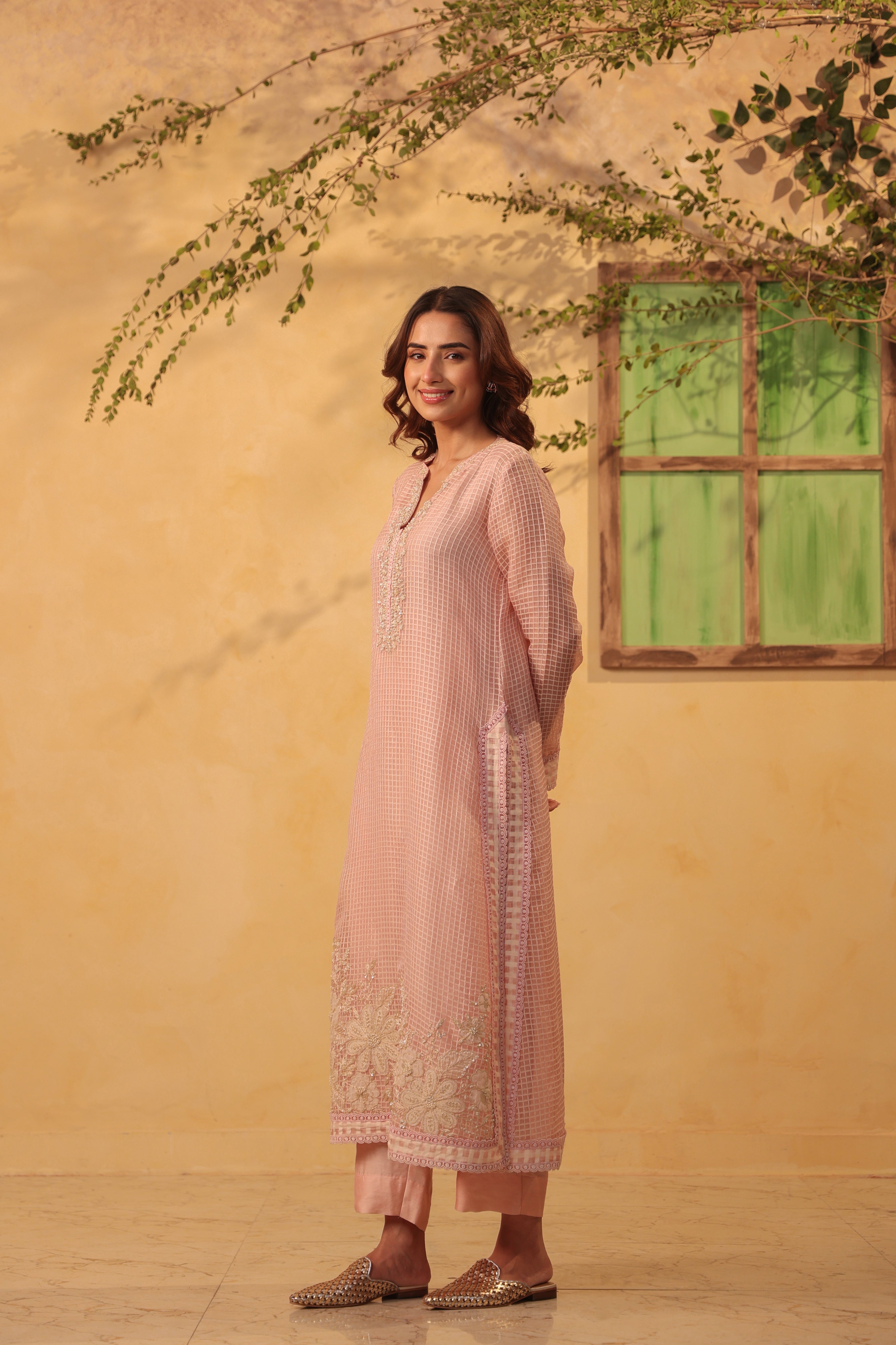 Vaayu Light Pink Straight Long Kurta Set