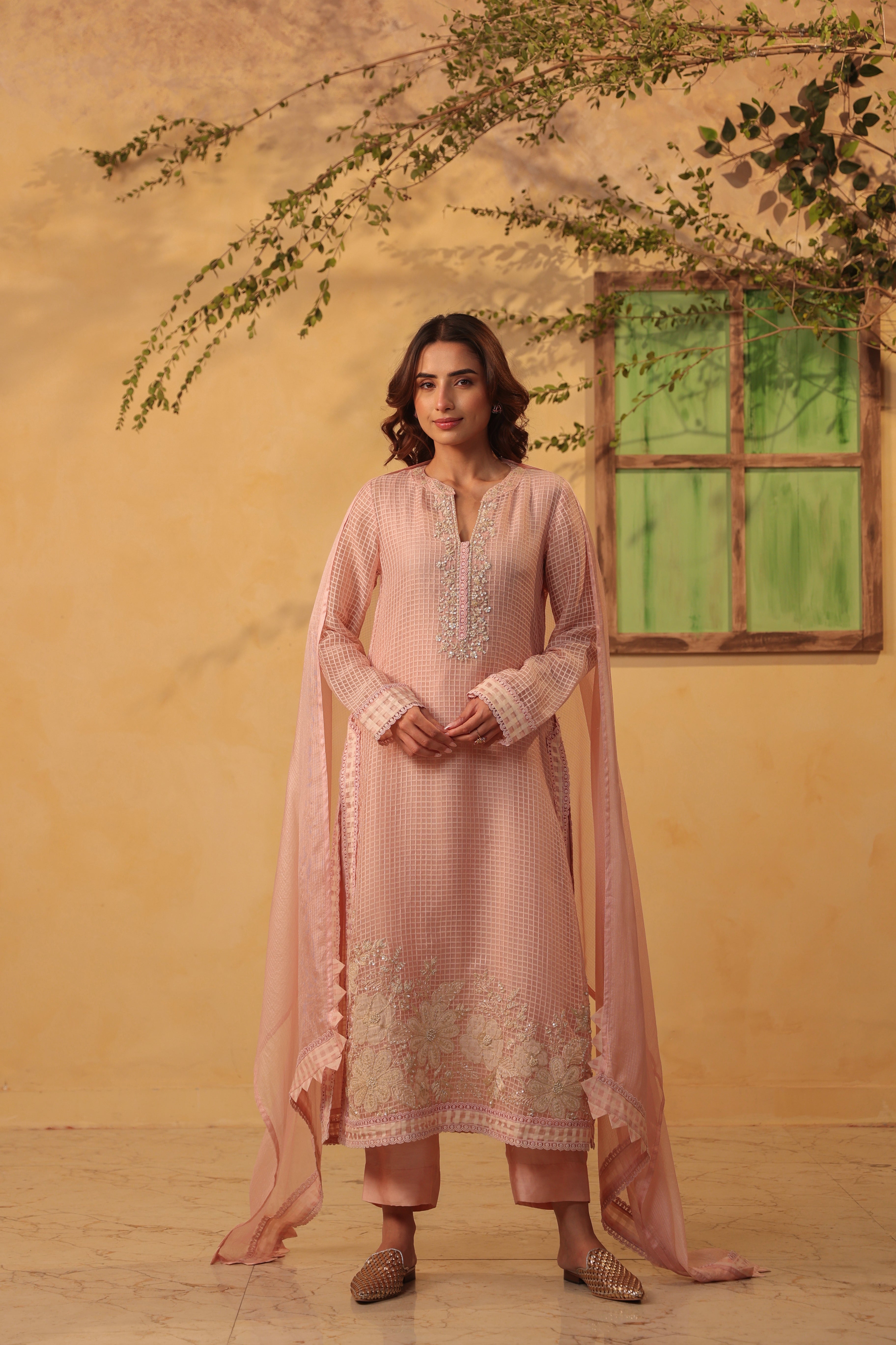 Vaayu Light Pink Straight Long Kurta Set